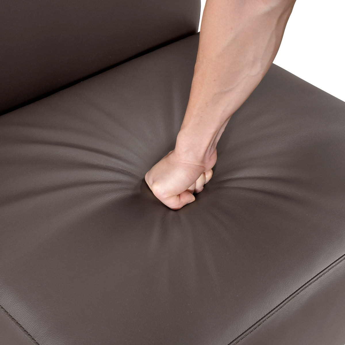 Close-up of MAZ Houghton Leather Slipper Accent Chair in brown with detailed stitching and smooth leather texture.
