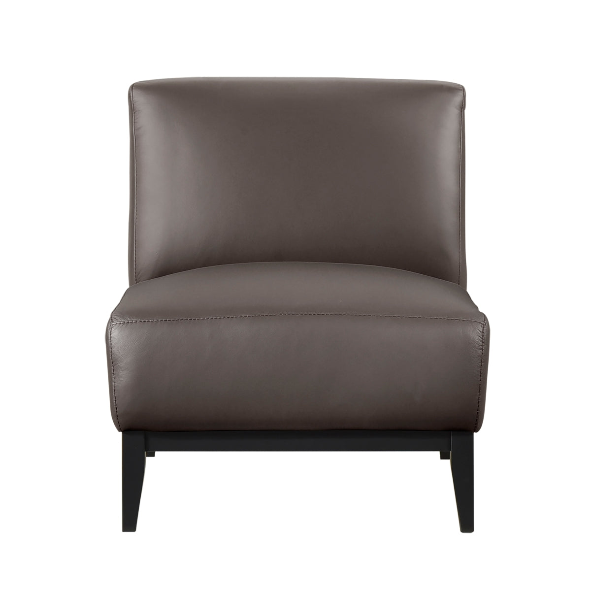 Brown leather Houghton Slipper Chair by MAZ, an accent chair with a sleek design and comfortable seating, front view.