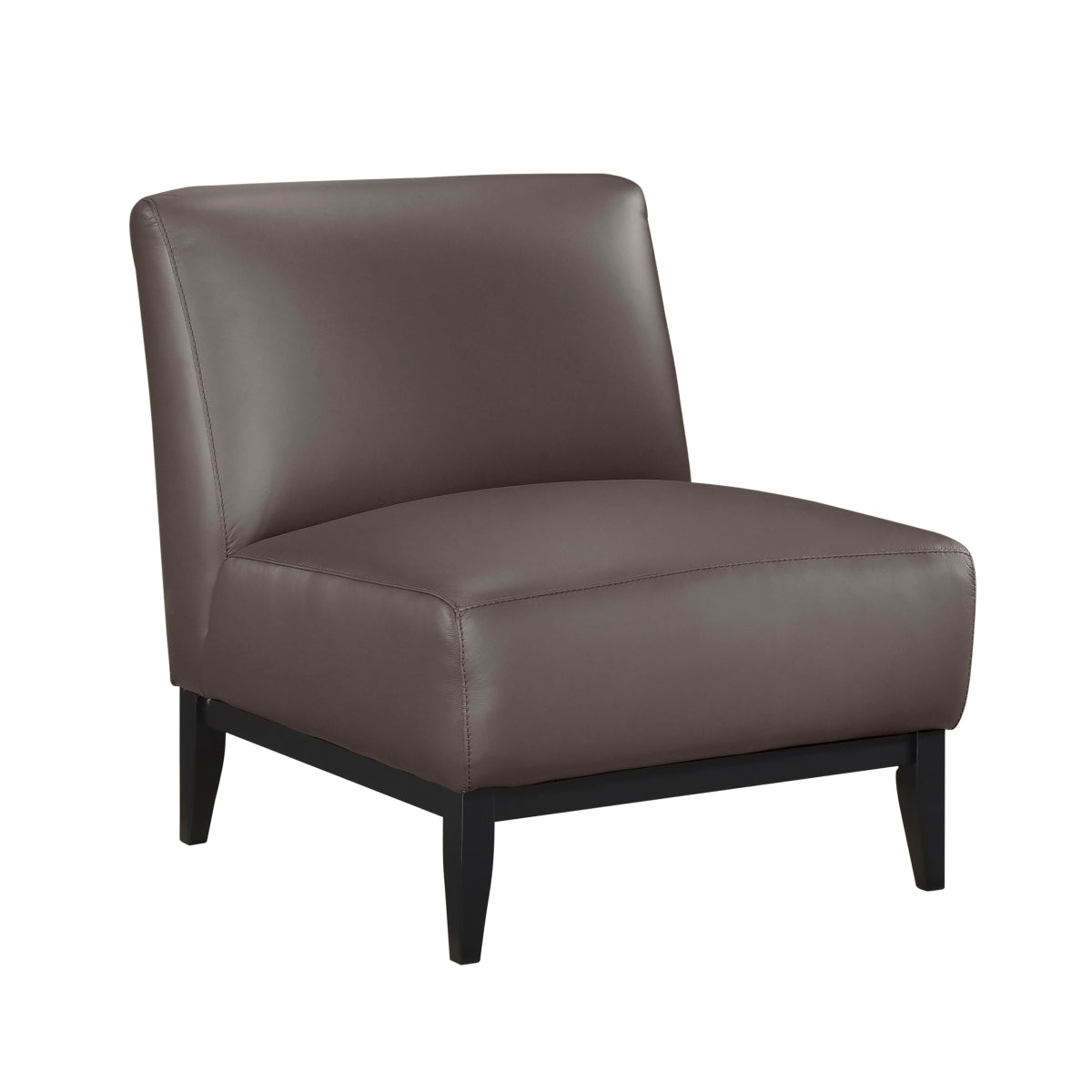 Brown leather Houghton Slipper Chair by MAZ, showing a side view of the stylish accent chair with cushioned seat and sleek design.
