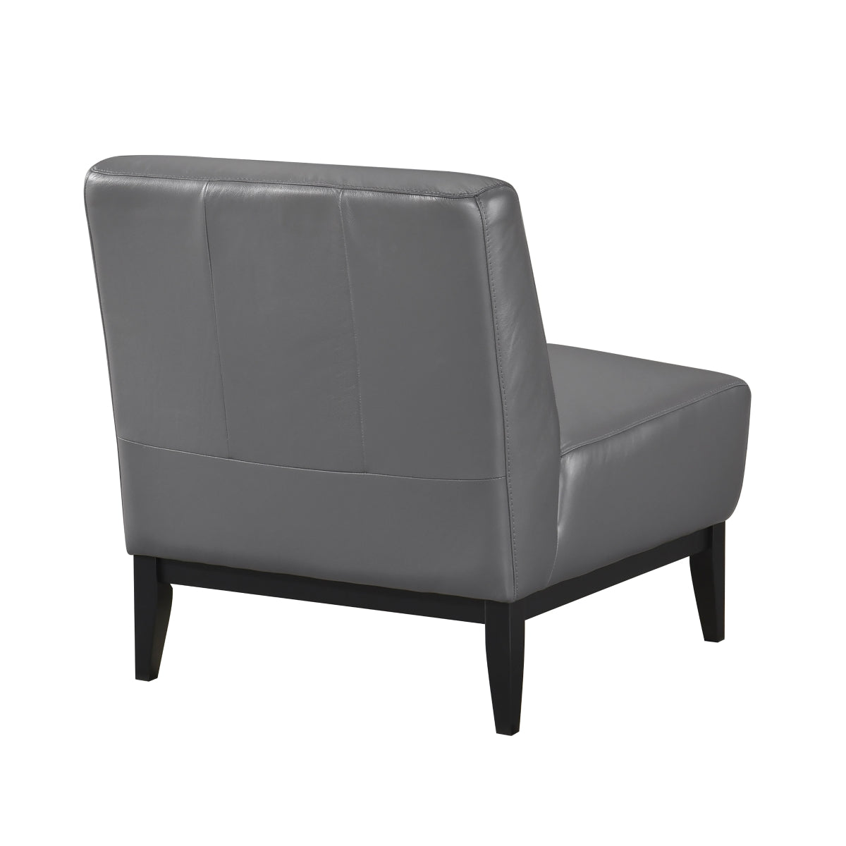 Grey leather Houghton Slipper Chair by MAZ, featuring a sleek accent chair design with a back view.