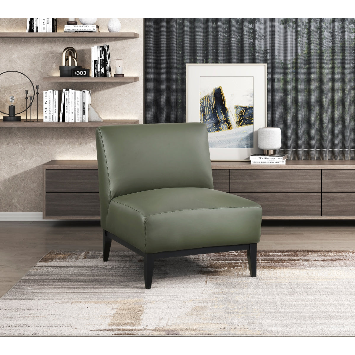 Green Houghton leather slipper chair by MAZ, an accent chair with a stylish, modern design and comfortable leather upholstery.