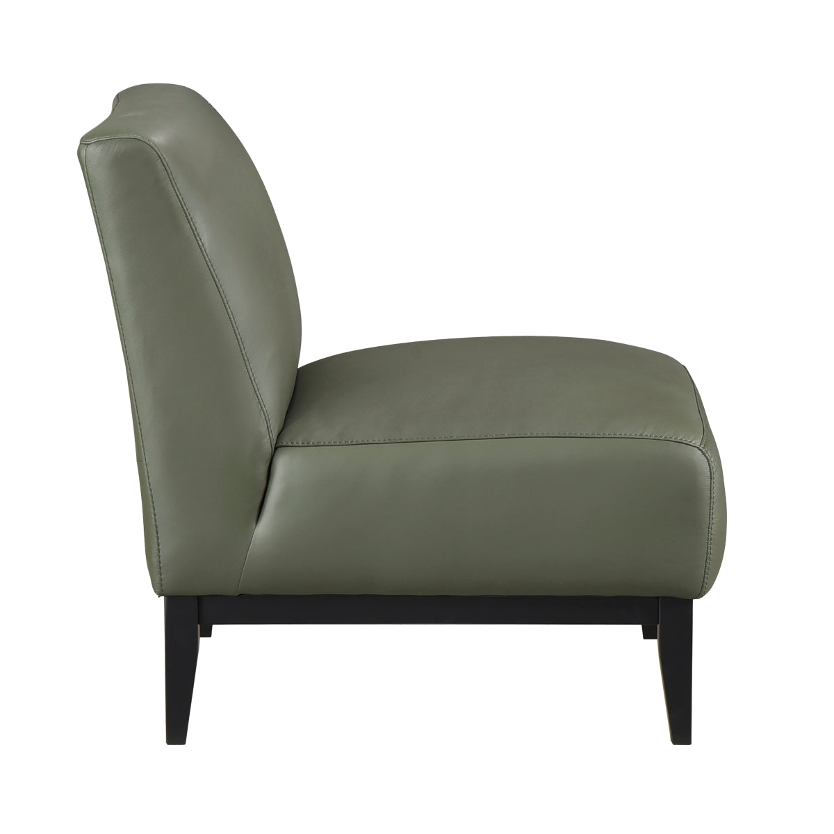 Green leather Houghton Slipper Chair by MAZ, accent chair with sleek side view and modern design.