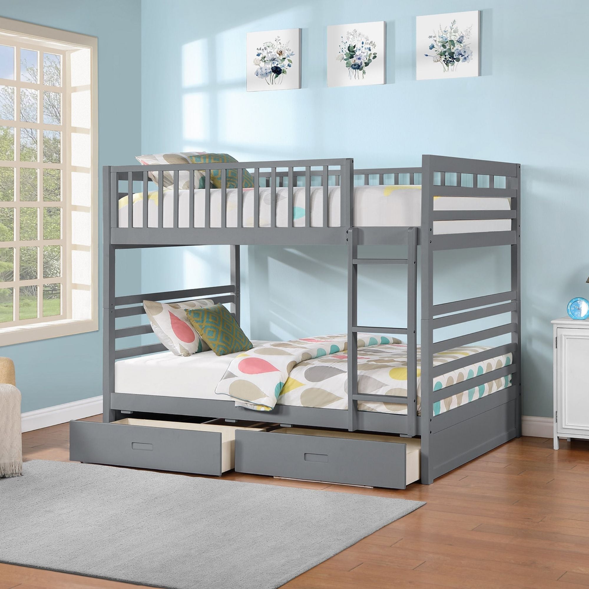 Grey Summit Collection double bunk bed by International Furniture with sturdy frame and safety railings in a modern bedroom setting.