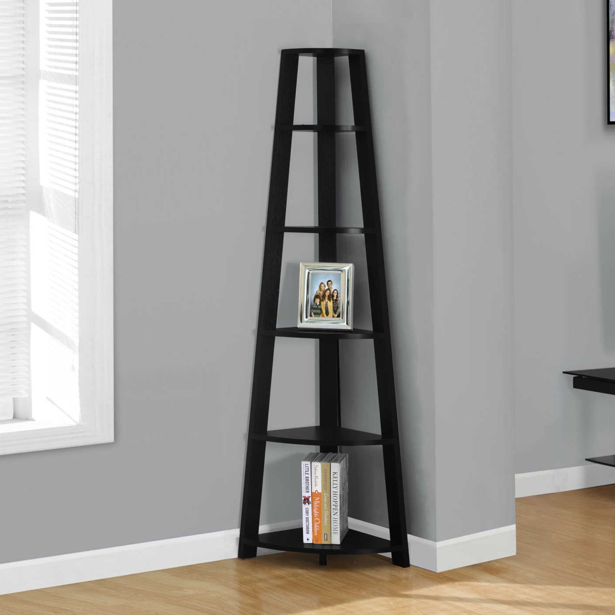 Black corner bookcase by Monarch Specialties, 72 inches tall with brown accents, featuring multiple shelves for storage and display.