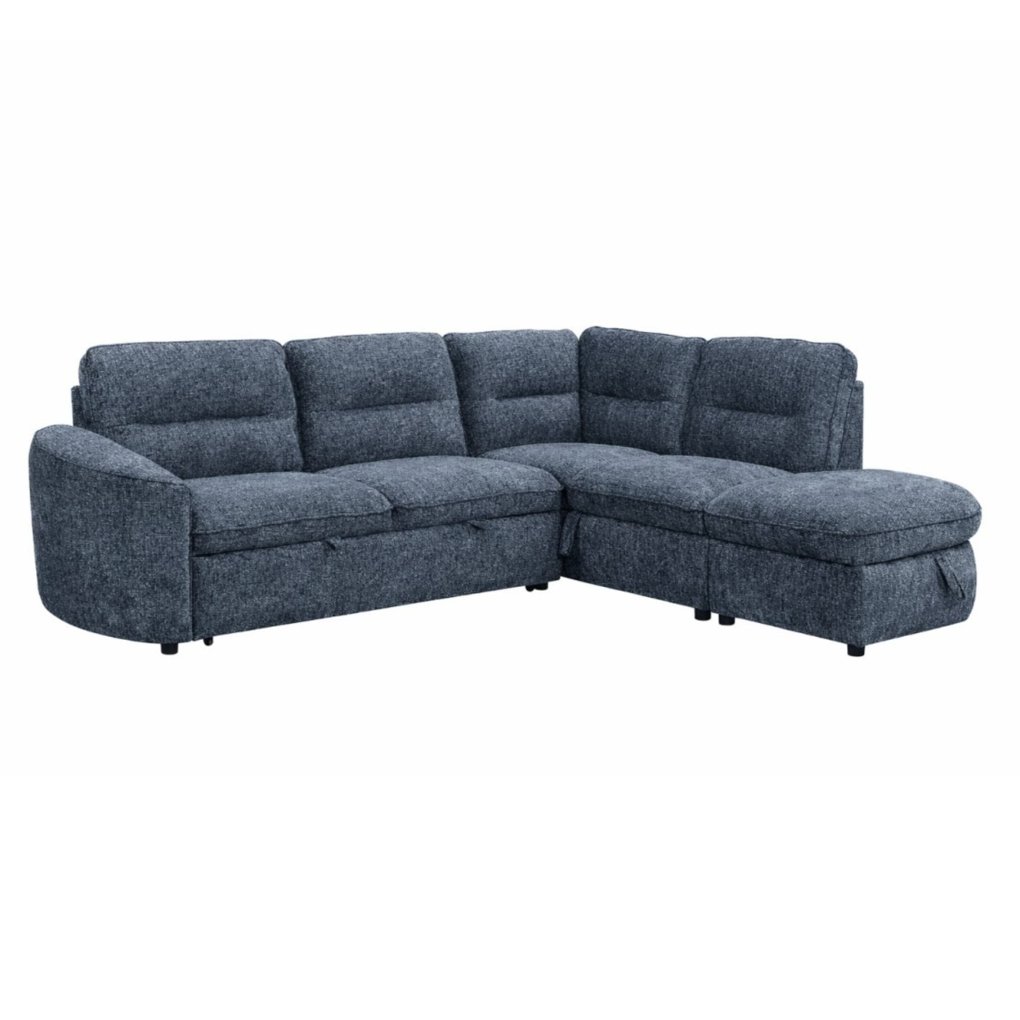 Blue Brassex Nova Storage Sectional Sleeper sofa with built-in storage and convertible sleeper feature, shown in a modern living room setting.