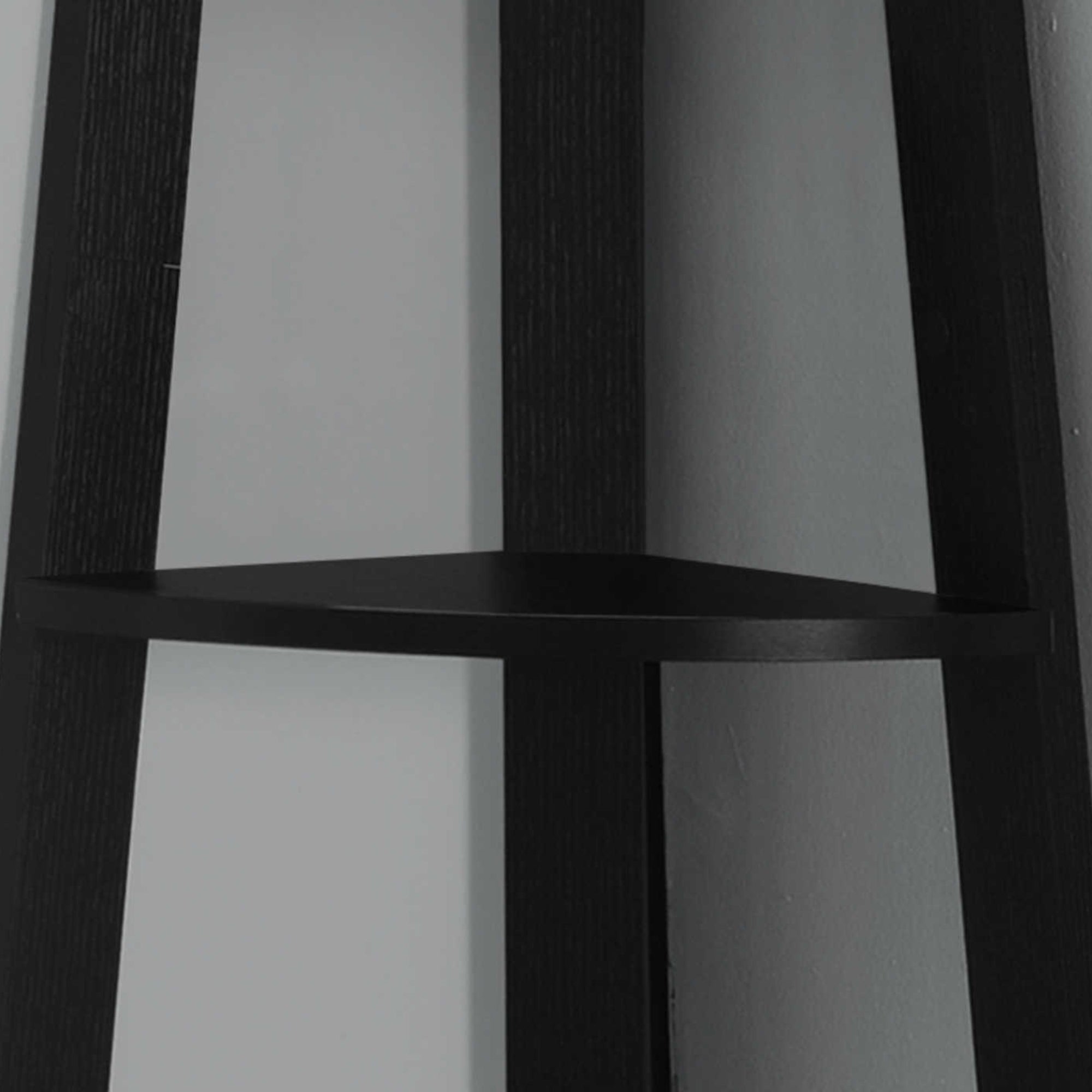 Black corner bookcase by Monarch Specialties, 72 inches tall with brown accents, showcasing multiple shelves for storage.