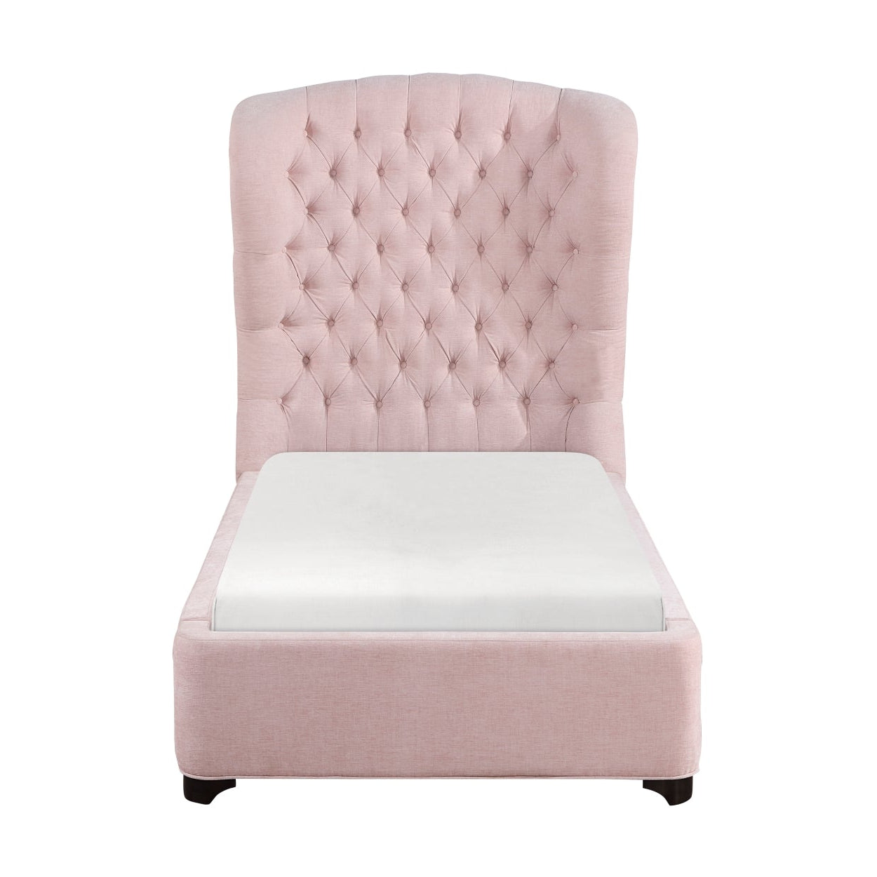 Pink Cameo Collection bed by M.A.F with a plush upholstered headboard and sleek design, shown in a well-lit bedroom setting.