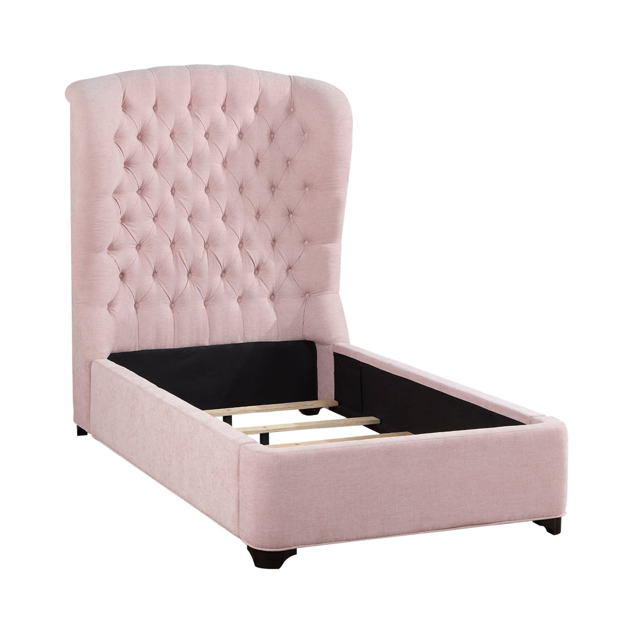 Pink Cameo Collection bed by M.A.F with plush fabric and elegant design, showcased in a bright bedroom setting.