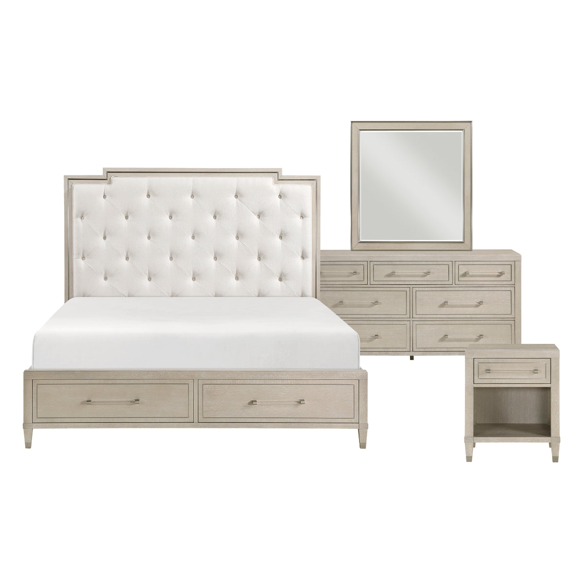 M.A.F Genoa Ivory Bedroom Set includes a bed, nightstands, and dresser with modern design and matching finishes.
