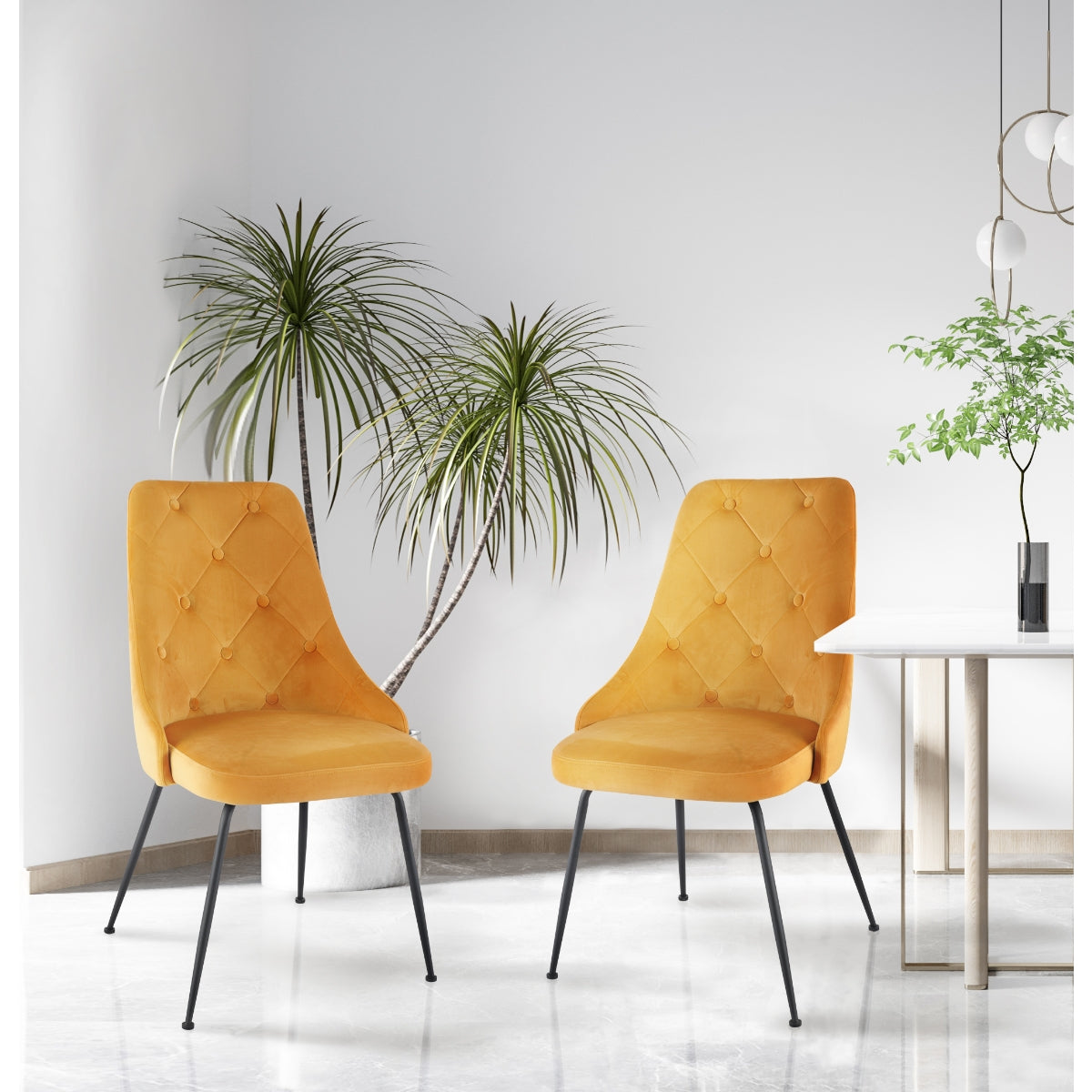 Set of two yellow MAZ Plumeria dining chairs with sleek modern design, shown in a stylish dining room setting.