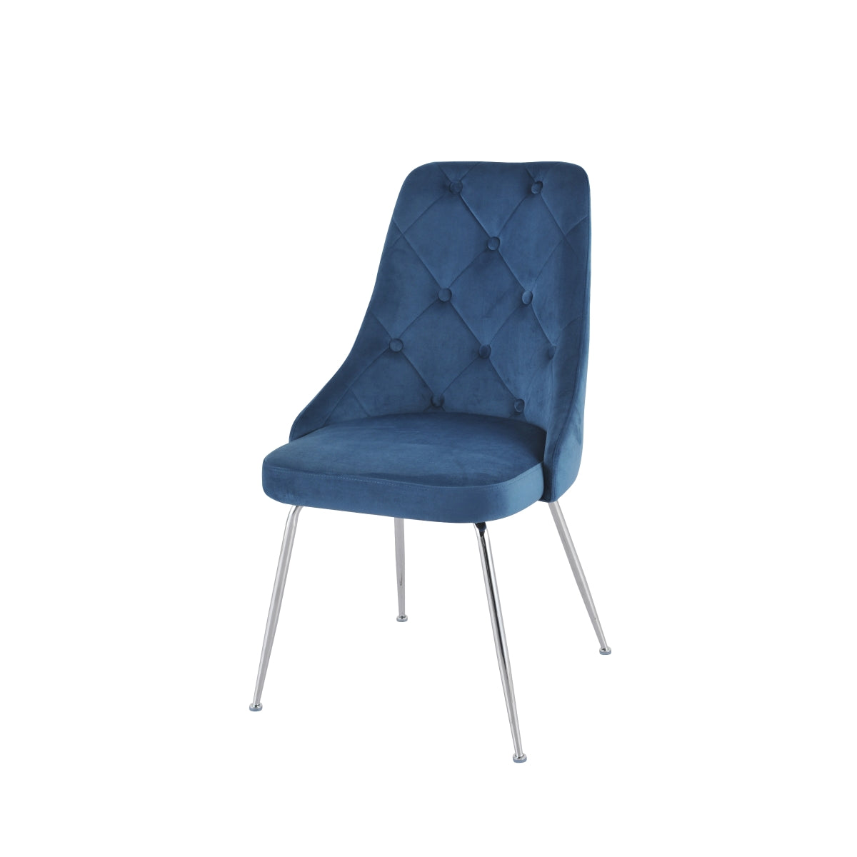 Set of two MAZ Plumeria Blue Dining Chairs with curved backs and wooden legs, shown from a front angle.