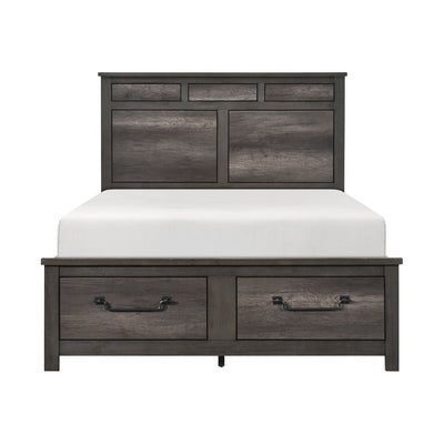 Gray-brown Lenior Collection bed by MAZ featuring a modern upholstered design and sturdy wooden legs.
