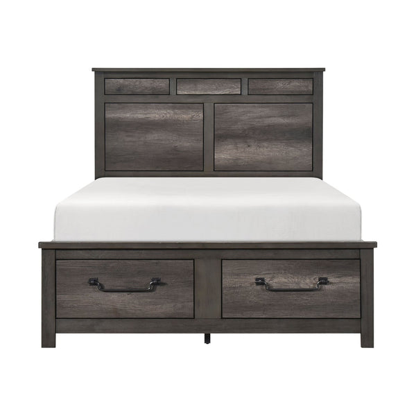 Gray-brown Lenior Collection bed by MAZ featuring a modern upholstered design and sturdy wooden legs.