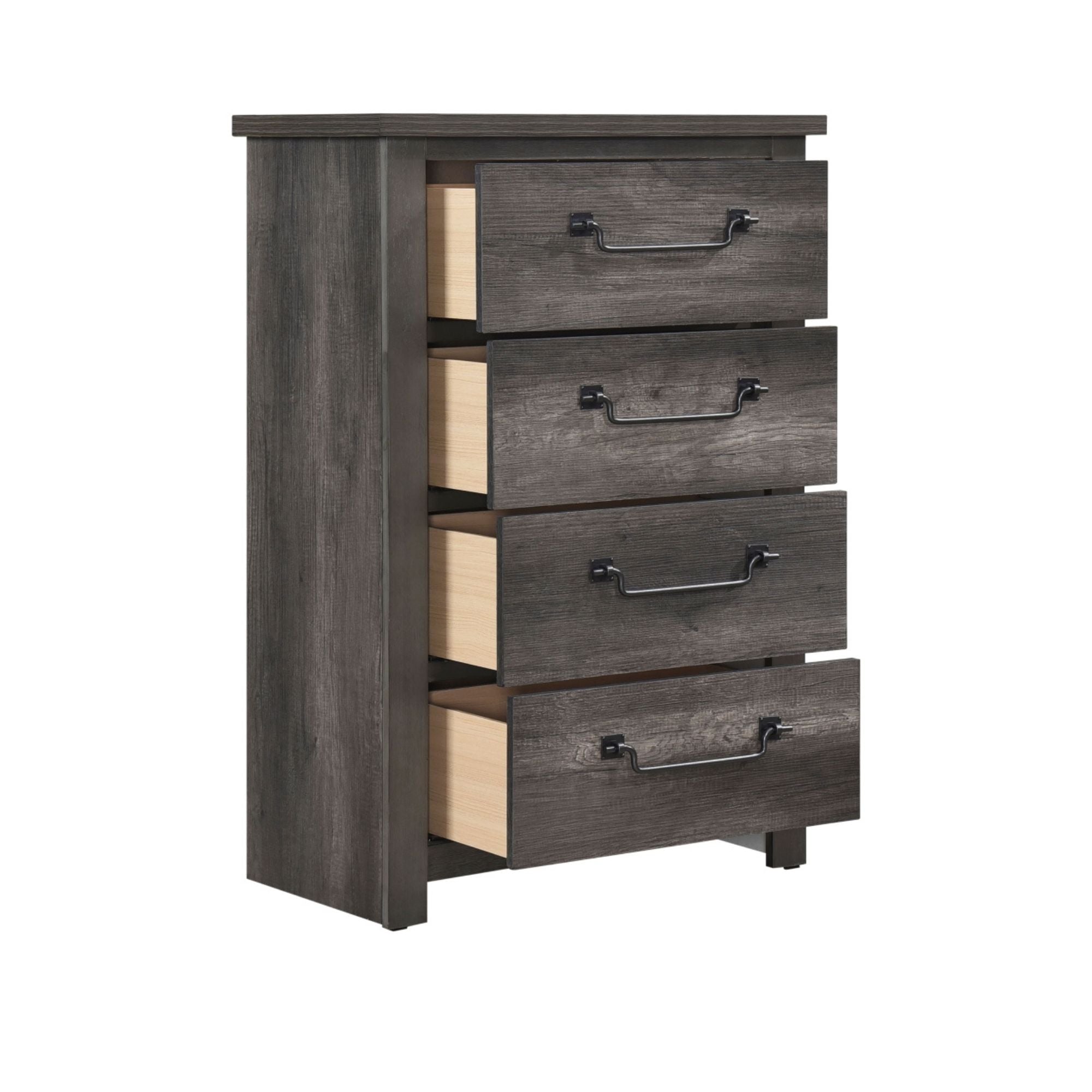 Gray-brown Lenior Collection bedroom set by MAZ featuring a bed, matching nightstands, and dresser in a modern bedroom scene.