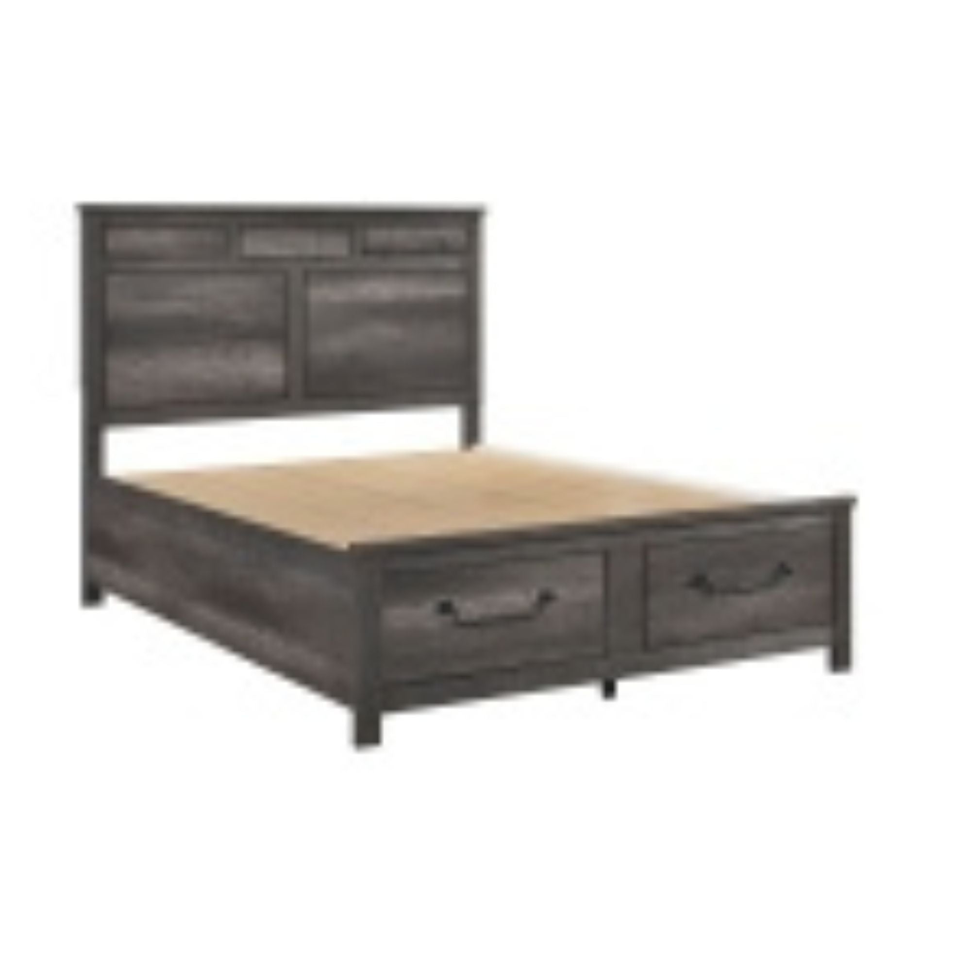 Gray-brown Lenior Collection bedroom set by MAZ featuring a bed, matching nightstands, and dresser in a modern bedroom interior.