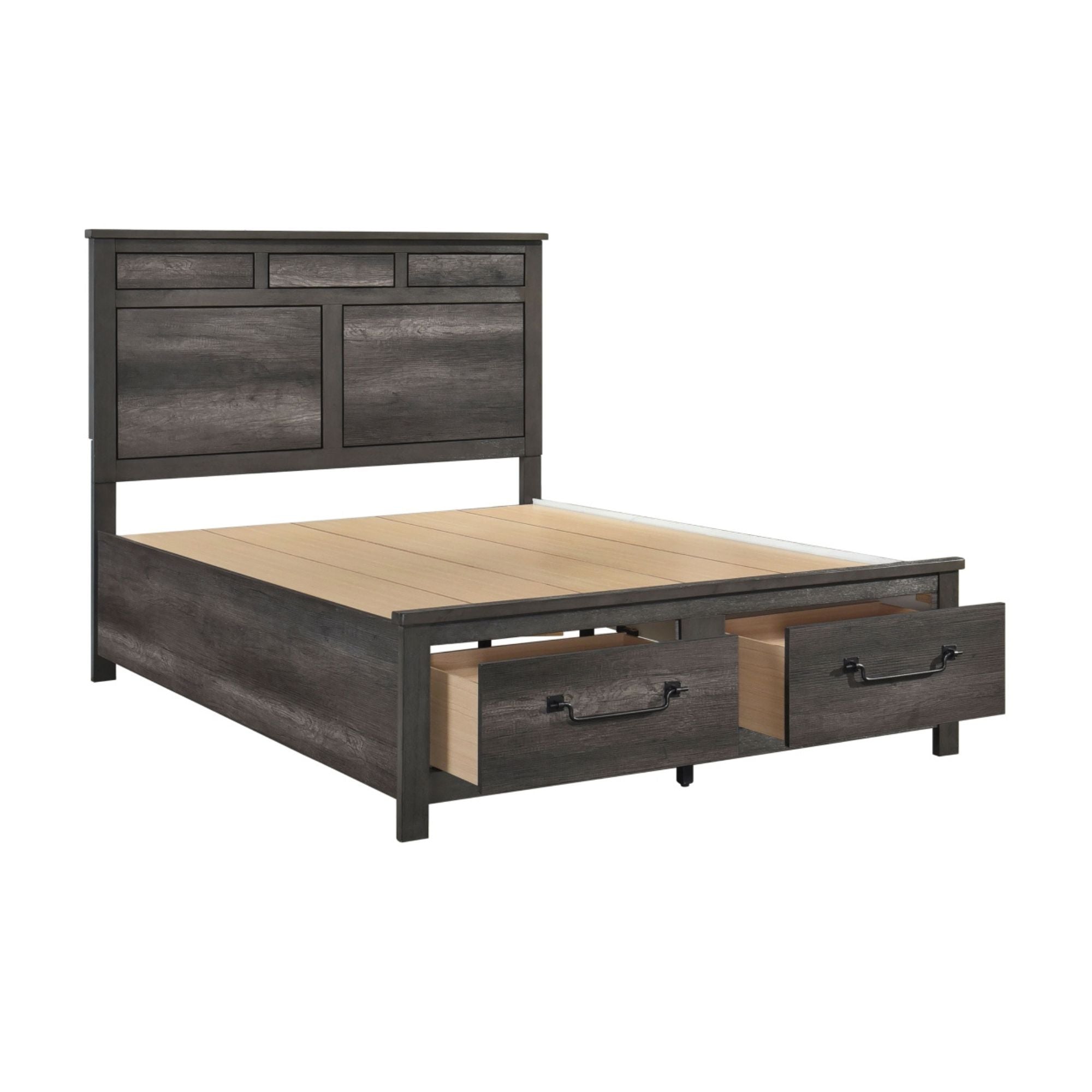 Gray-brown Lenior Collection bedroom set by MAZ featuring a bed, nightstands, and dresser in a modern bedroom furniture design.