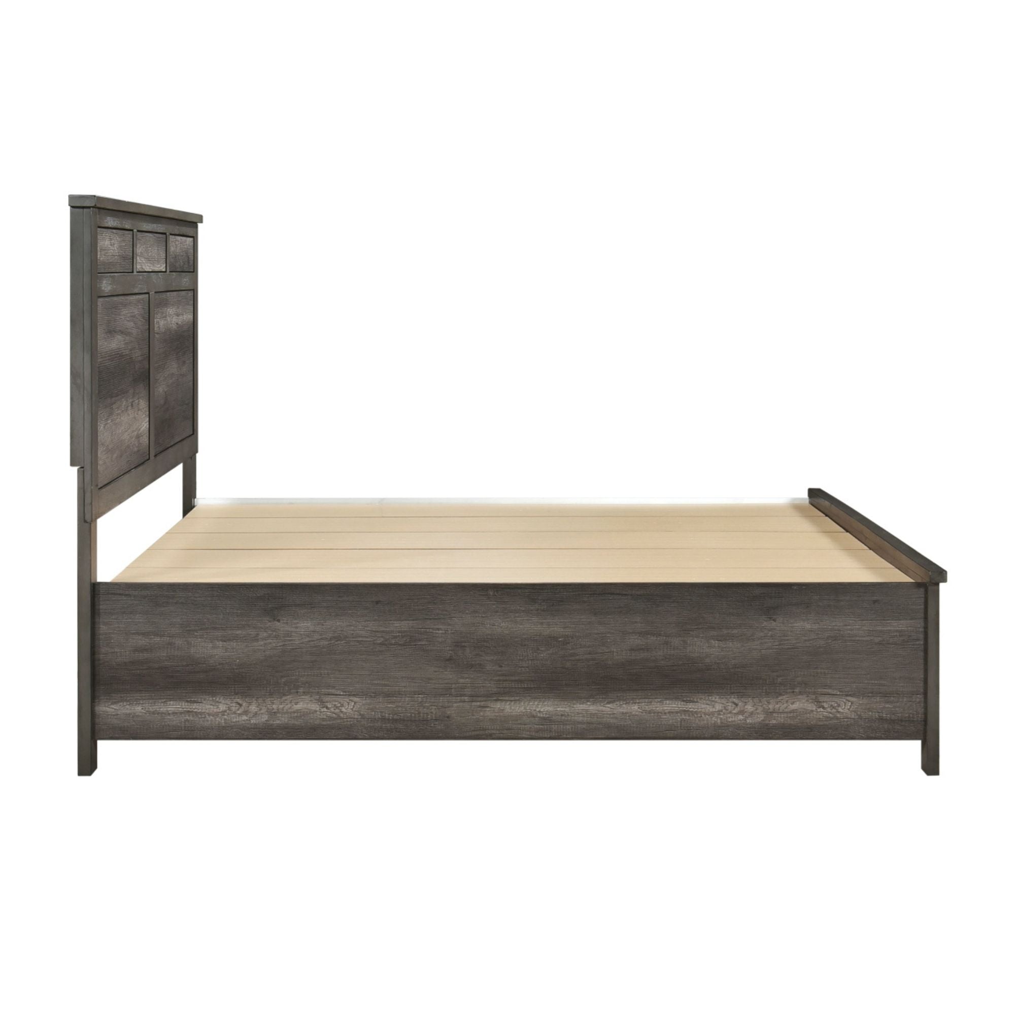 MAZ Lenior Collection bedroom set in grey brown with a bed frame, nightstands, and dresser, showcasing elegant bedroom furniture.