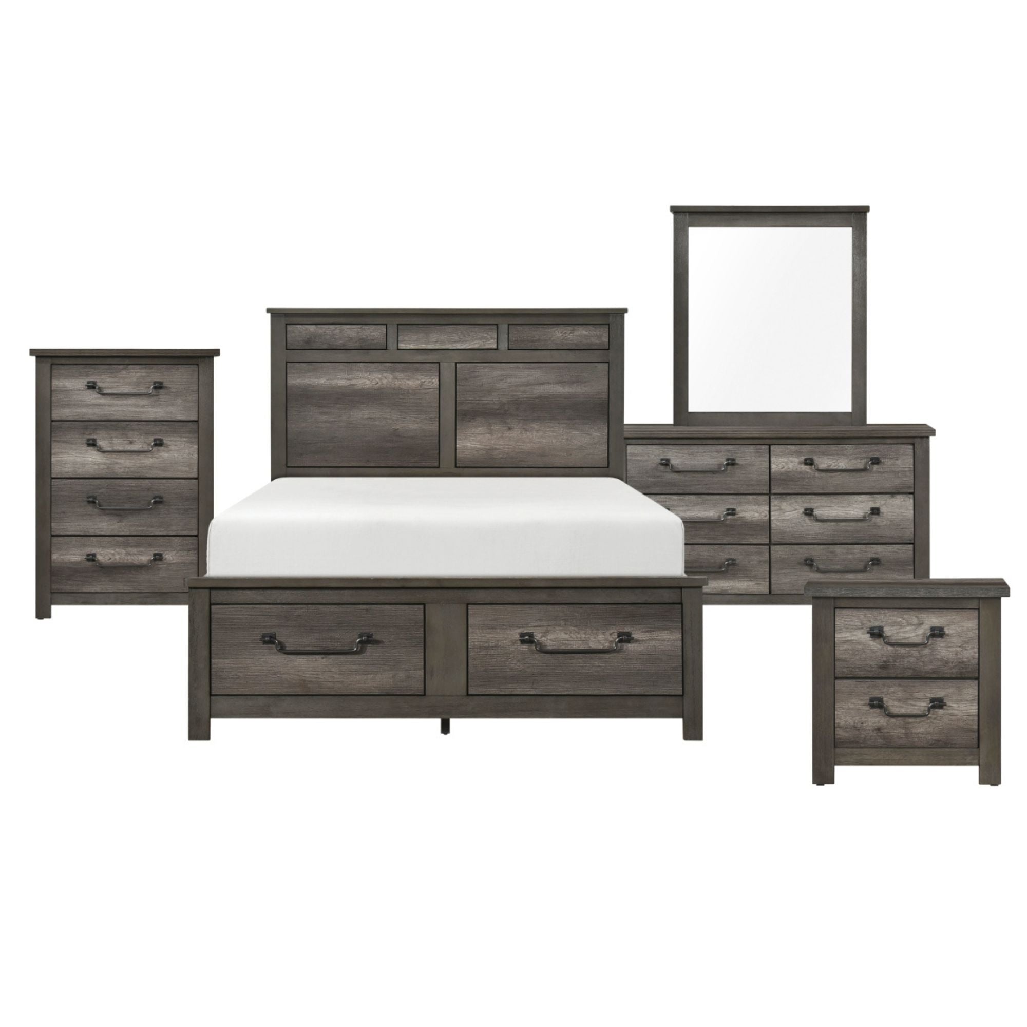 Gray-brown Lenior Collection bedroom set by MAZ featuring a bed, matching nightstands, and dresser in a modern bedroom scene.
