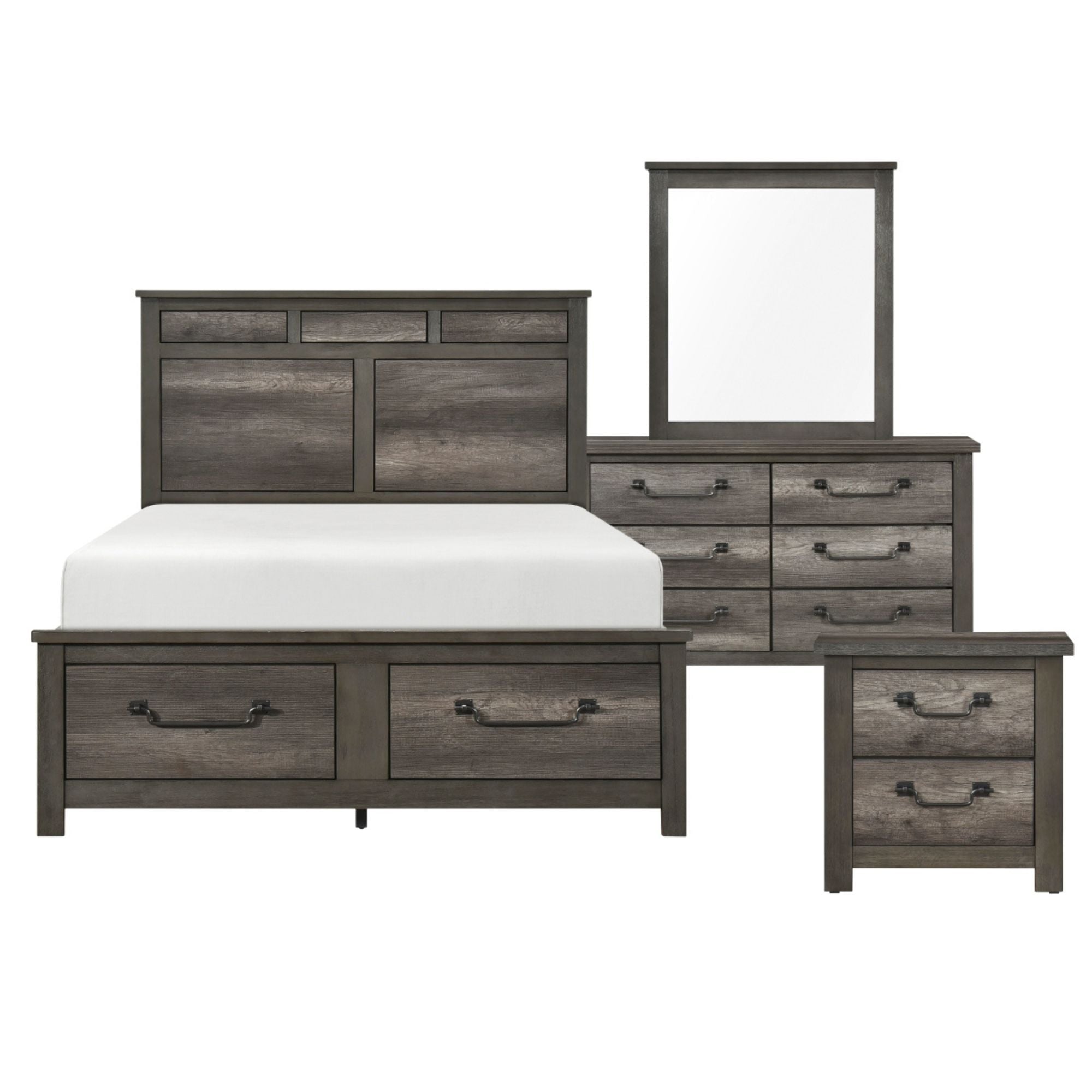 Gray-brown Lenior Collection bedroom set by MAZ featuring a bed, matching nightstands, and bedroom furniture arrangement.
