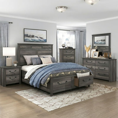 Gray-brown MAZ Lenior Collection bedroom set with bed frame, nightstands, and dresser, showcasing modern furniture design.