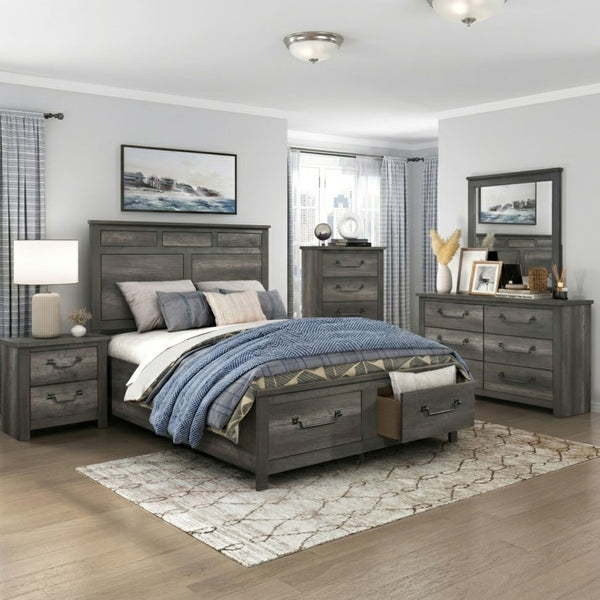 Gray-brown MAZ Lenior Collection bedroom set with bed frame, nightstands, and dresser, showcasing modern furniture design.