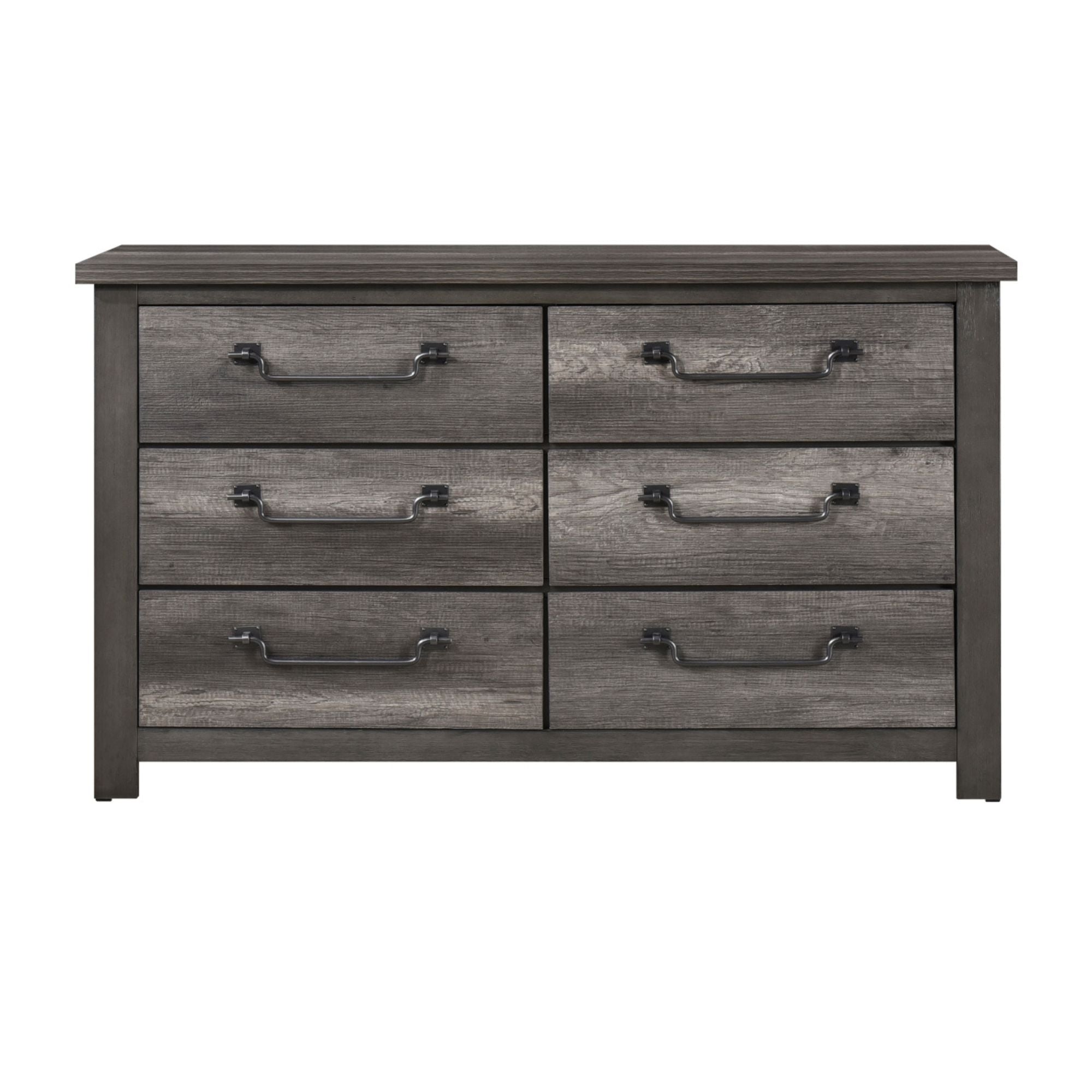 Gray-brown MAZ Lenior Collection dresser with sleek drawers and modern design, positioned in a bedroom setting.