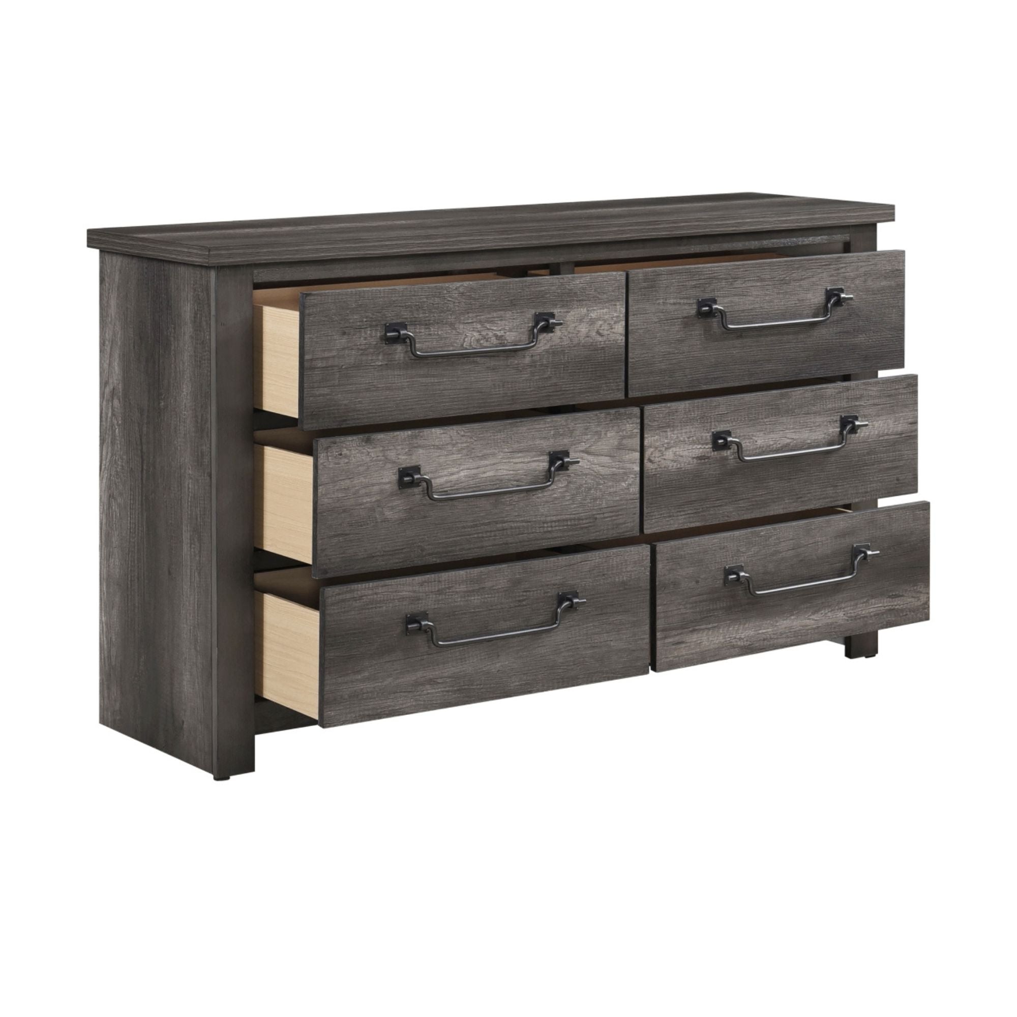 Gray-brown Lenior Collection bedroom set by MAZ with a bed frame, nightstands, and matching dresser in a modern bedroom setting.