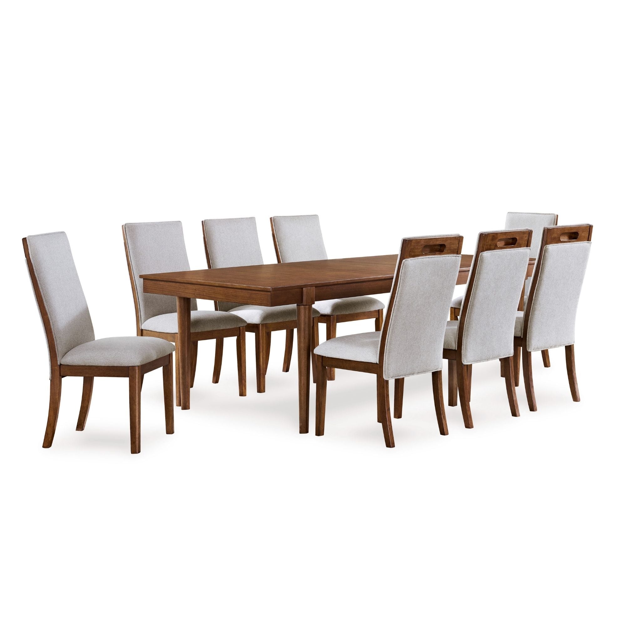 Signature Ashley Lyncott dining room set with grey and brown table and matching chairs in a modern dining area.