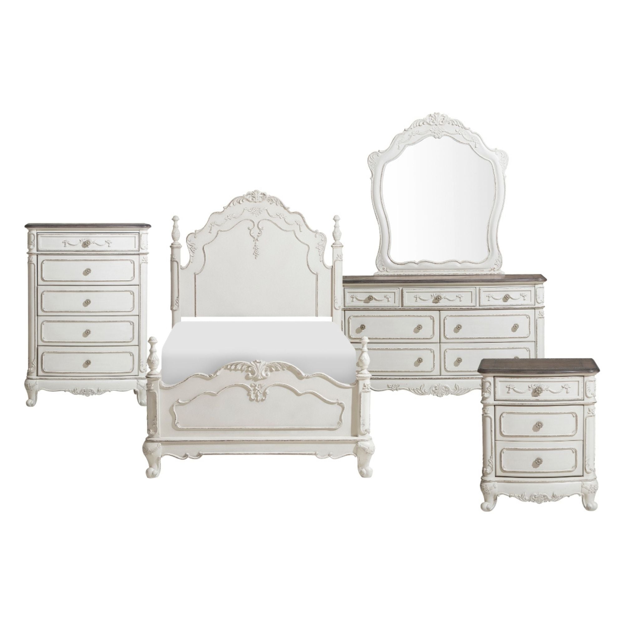 MAZ Cinderella Collection two-tone bedroom set featuring a bed, nightstands, and matching furniture in elegant design.
