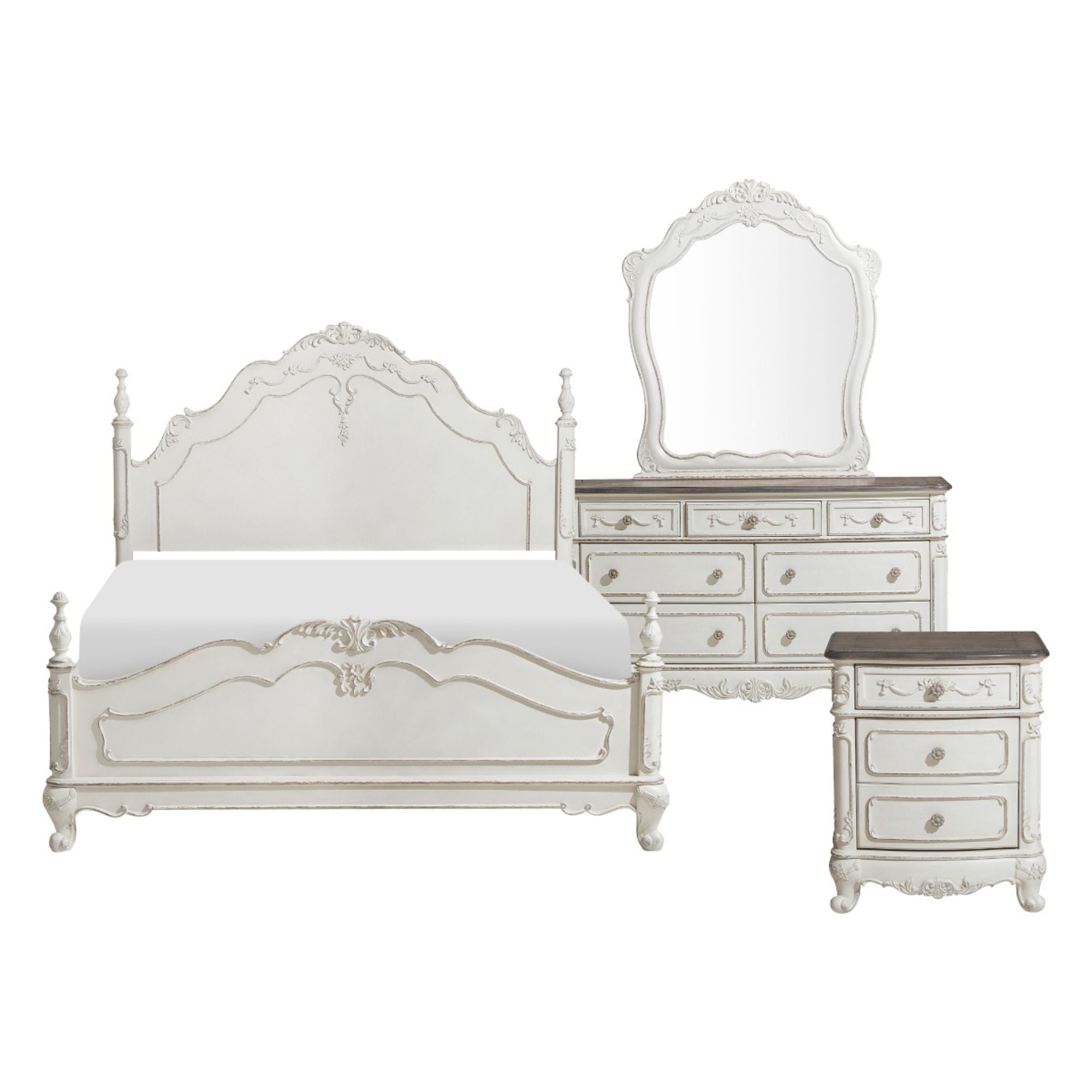 MAZ Cinderella Collection bedroom set with two-tone finish, including bed, dresser, and nightstands in a stylish bedroom scene.