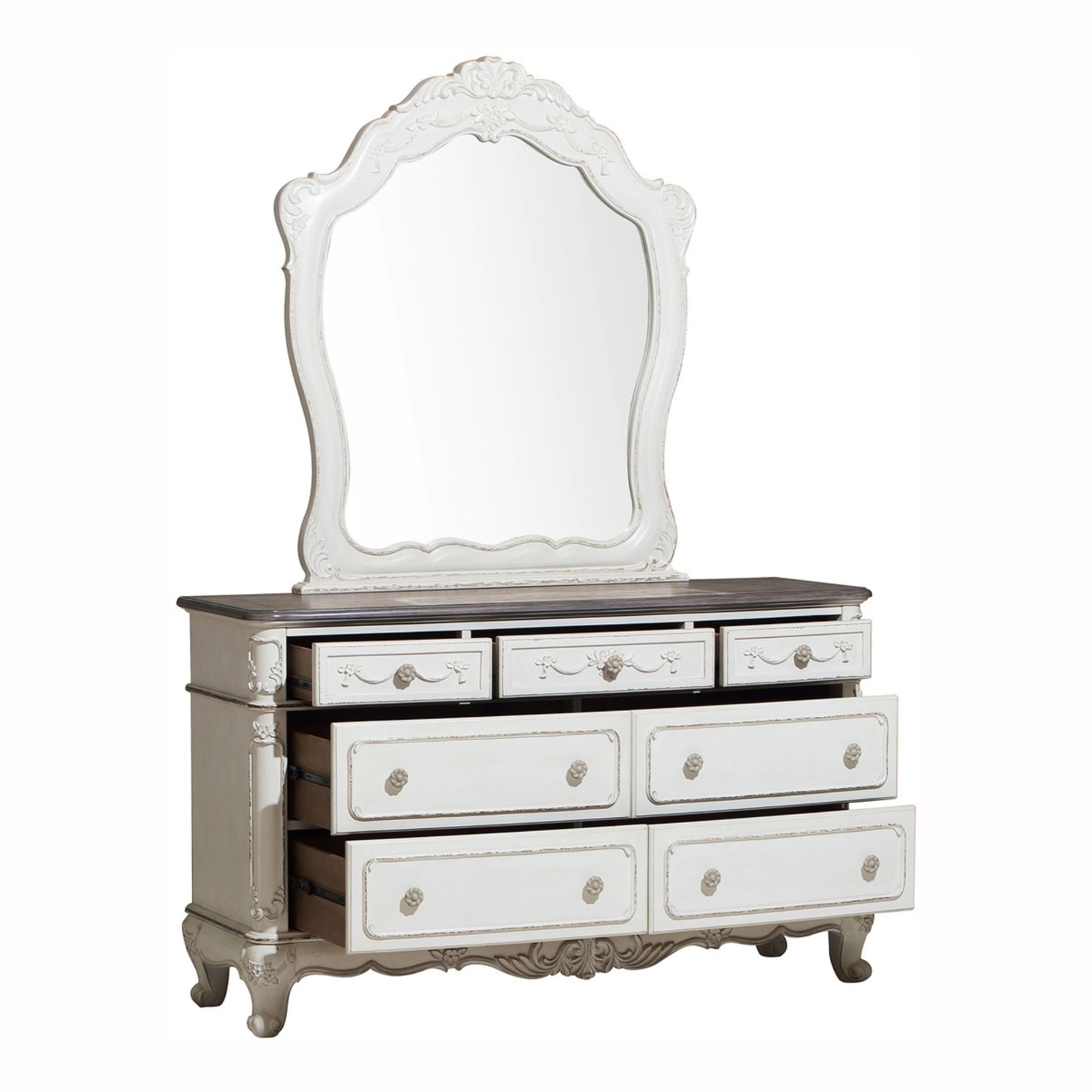Two-tone Cinderella Collection bedroom set by MAZ, includes bed, dresser, and nightstands in a stylish bedroom display.