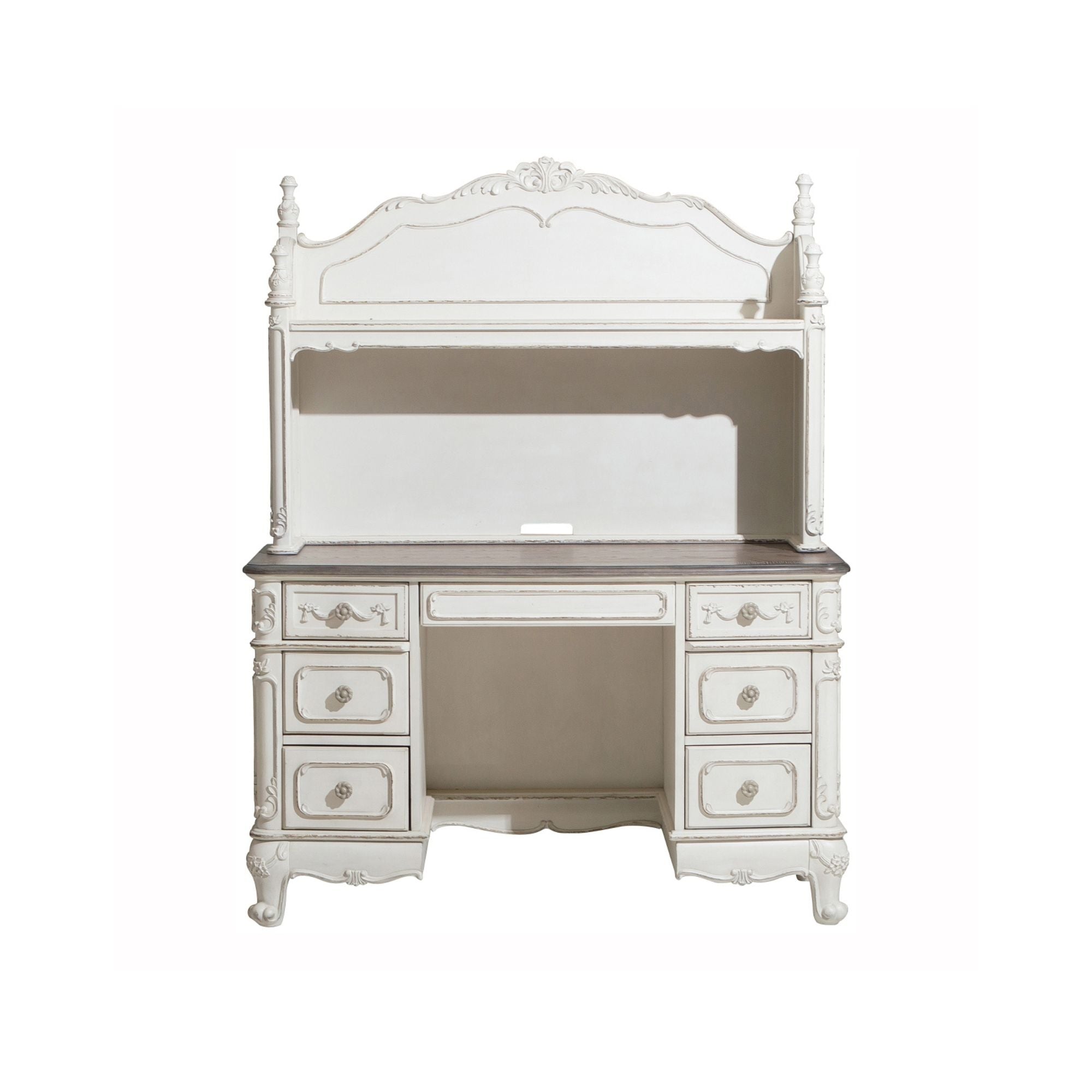 Mazin Furniture Cinderella Writing Desk with Hutch, dark wood finish, featuring a spacious desktop and upper storage shelves.