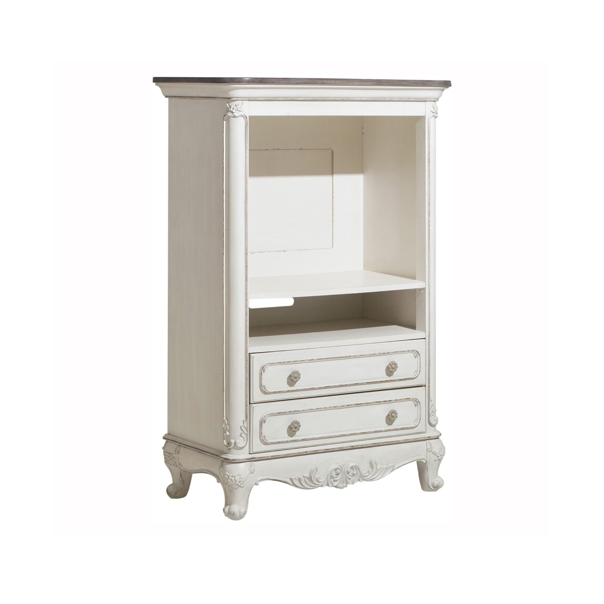 Two-tone Cinderella Armoire by MAZ featuring elegant wood finish, double doors, and ample storage space.