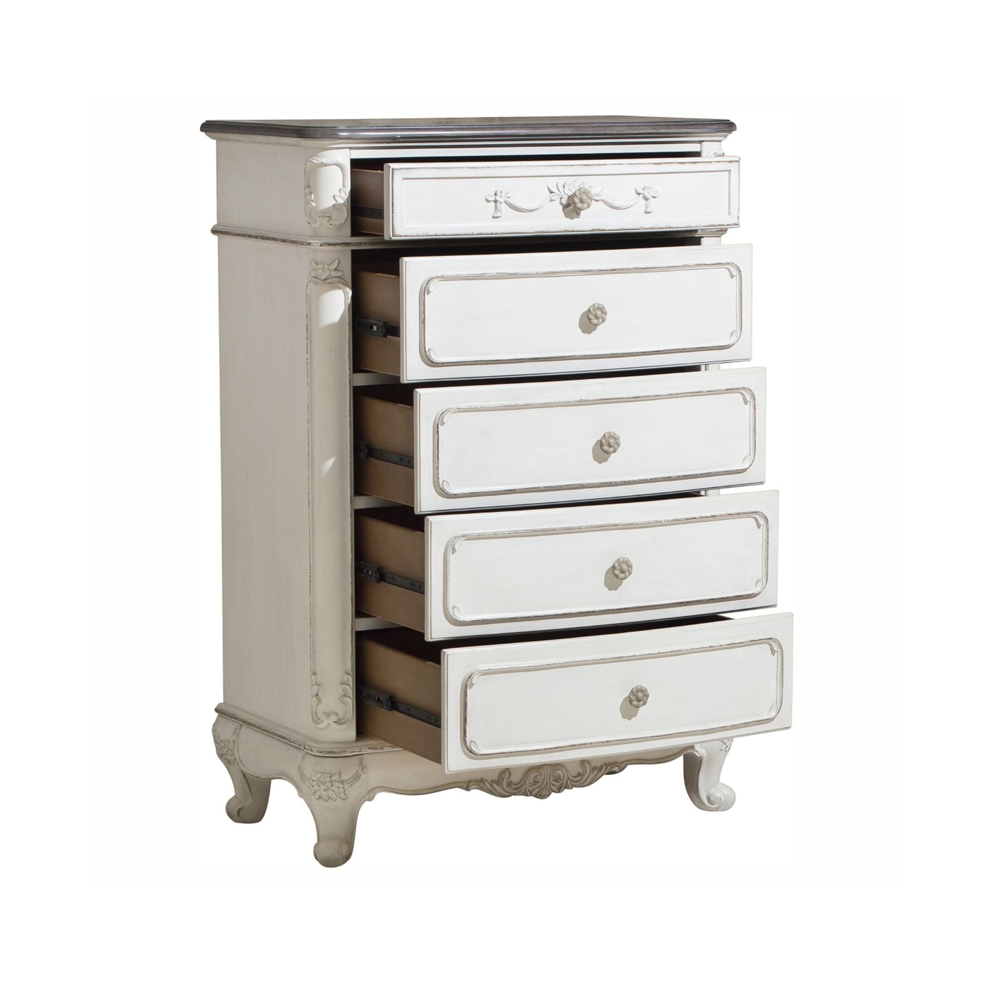 MAZ Cinderella Collection two-tone bedroom set featuring a bed with matching nightstands and decor in elegant design.