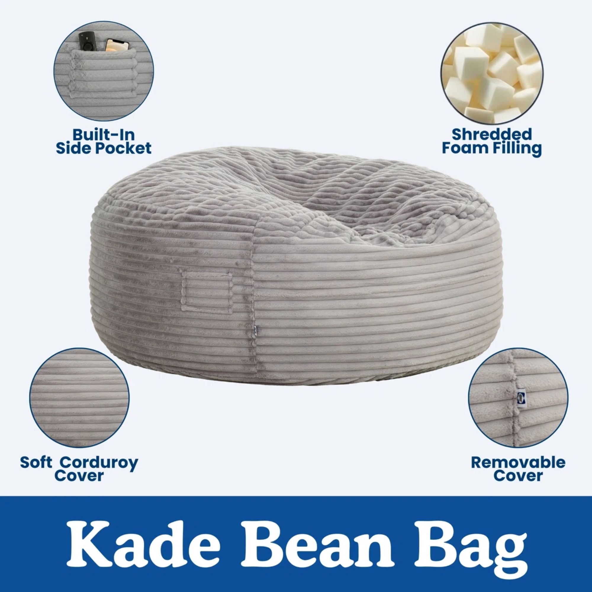 Primo Sealy Kade 6-foot grey bean bag lounger with plush fabric and spacious design, perfect for relaxing and lounging at home.