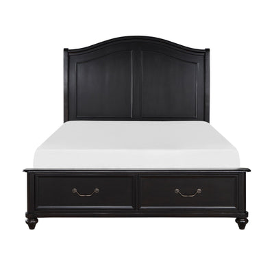 M.A.F Herman storage platform bed in a modern bedroom with a wooden finish and built-in storage drawers underneath.