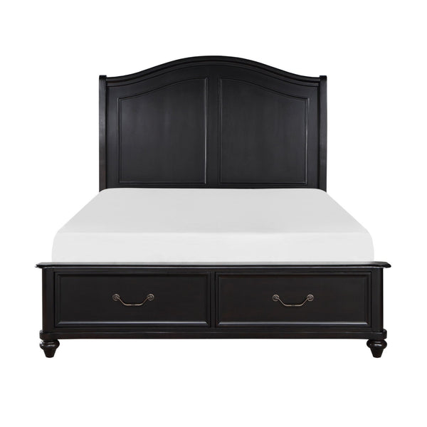 M.A.F Herman storage platform bed in a modern bedroom with a wooden finish and built-in storage drawers underneath.