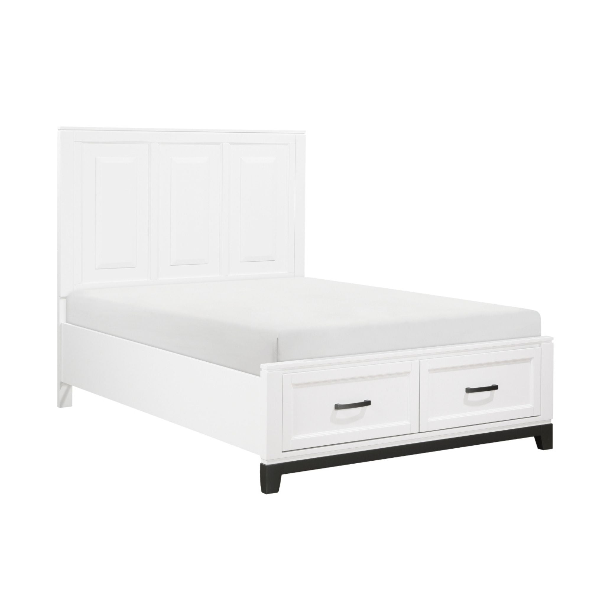 White Garretson Bed 1450WH by MAZ in a bedroom, showcasing a modern bed frame with a clean design and wooden accents.