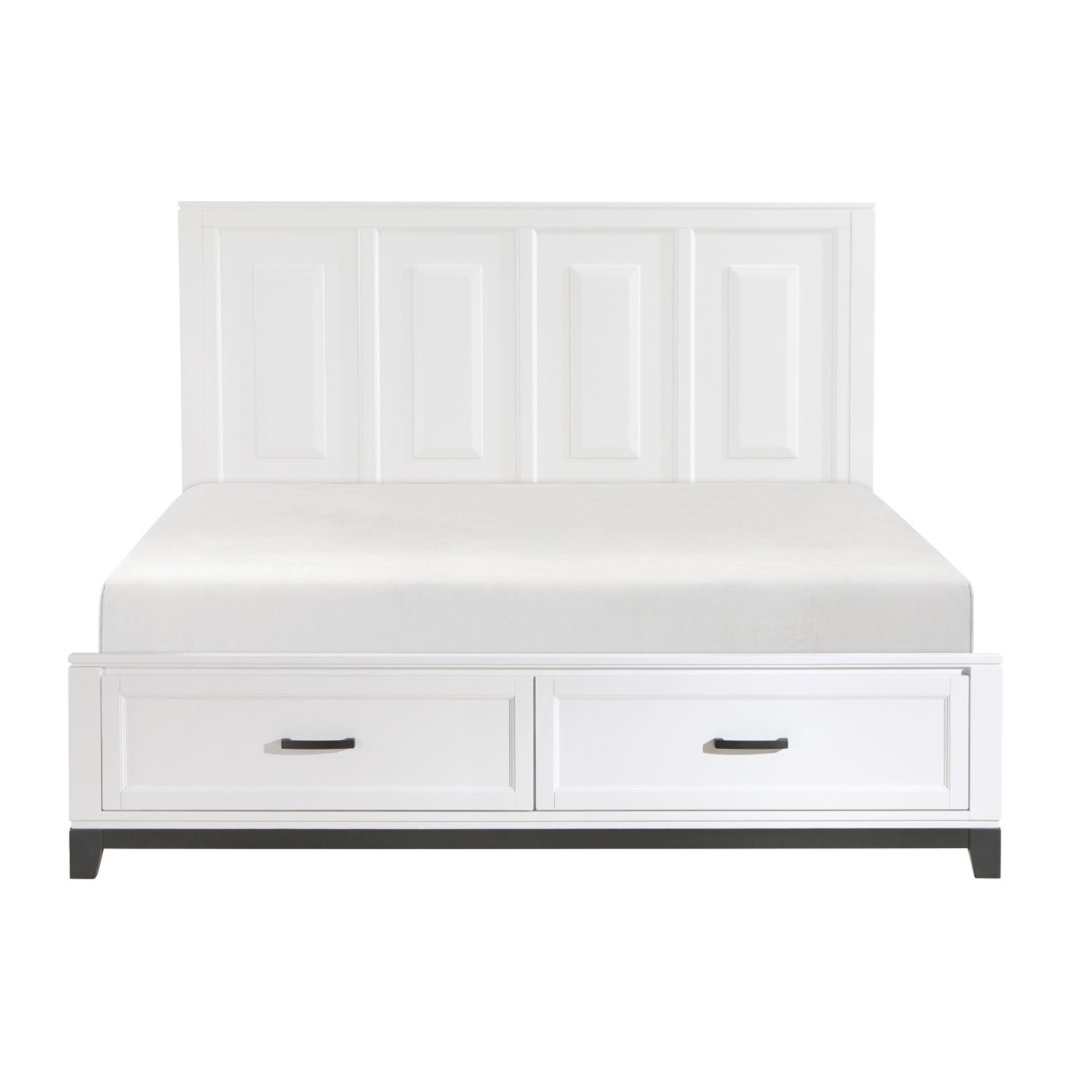Maz Garretson Bed 1450WH in a bedroom setting, showcasing a stylish white bed frame with a headboard and bedding.