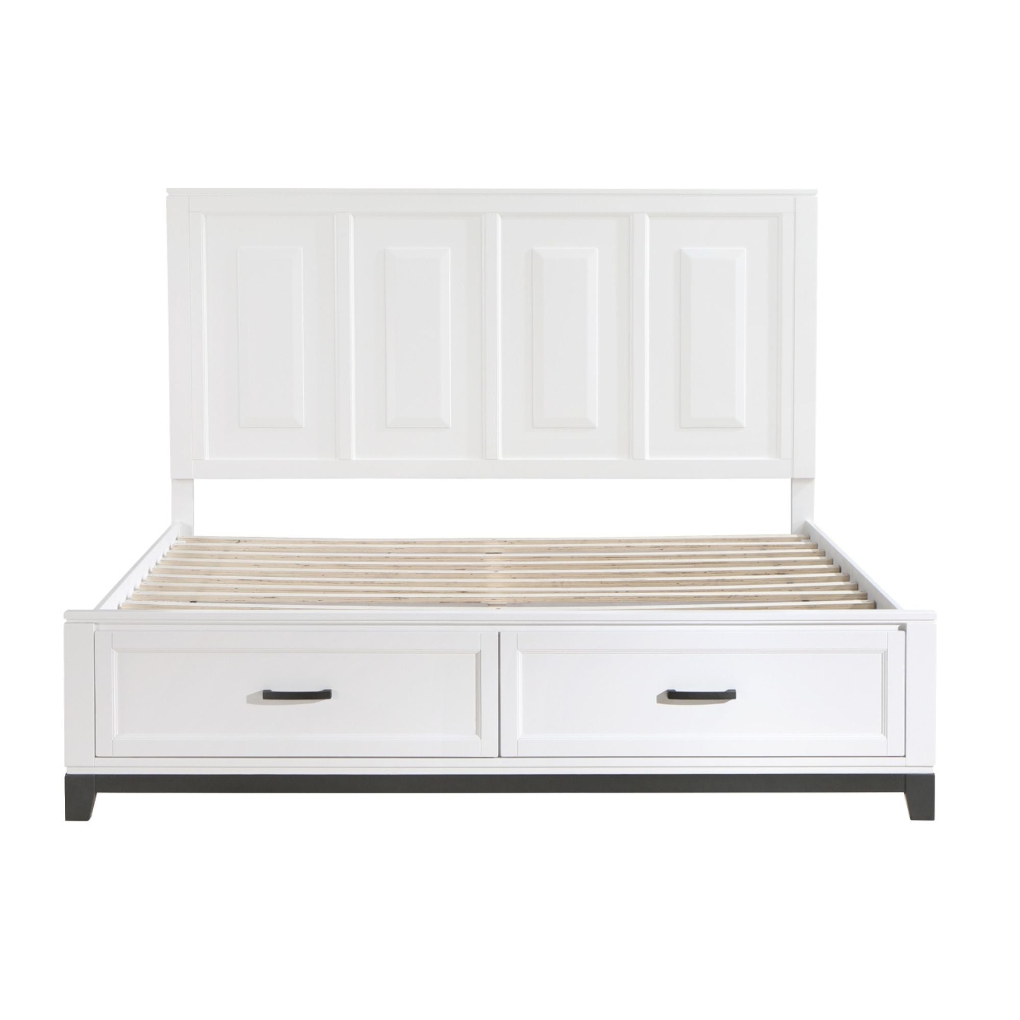 MAZ Garretson Bed 1450WH in a bedroom setting with white finish, showcasing the bed's headboard and sleek design.