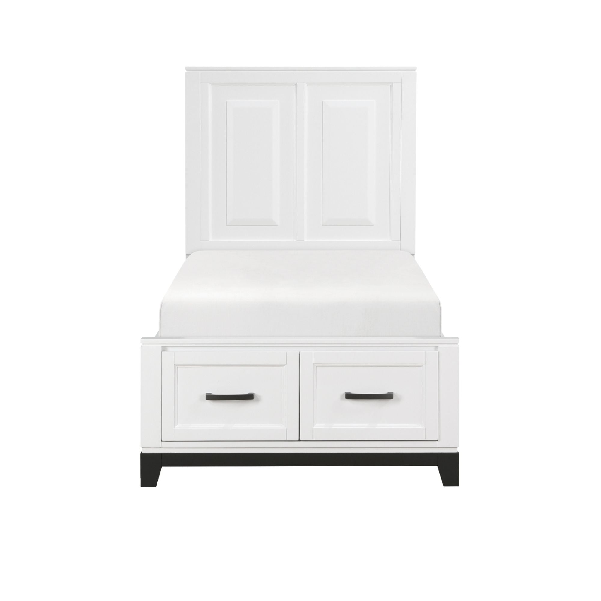Maz Garretson Bed 1450WH in a bedroom setting with white finish, showcasing a modern bed frame with clean lines and a sturdy design.