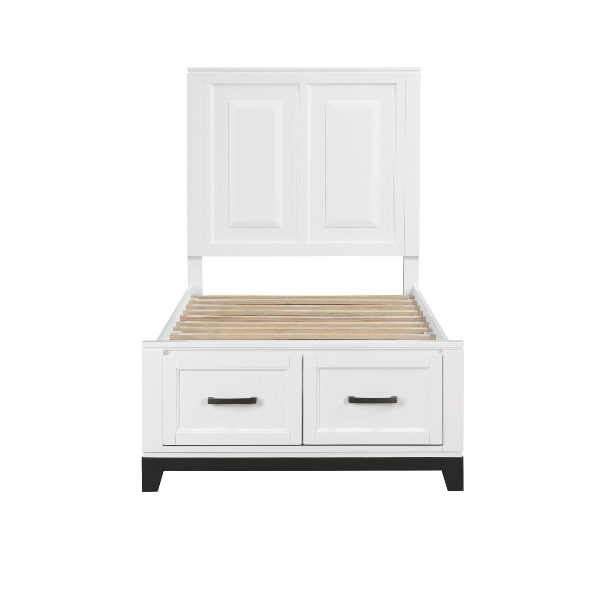 White Garretson Bed 1450WH by MAZ in a bedroom setting with a modern design and wooden accents.