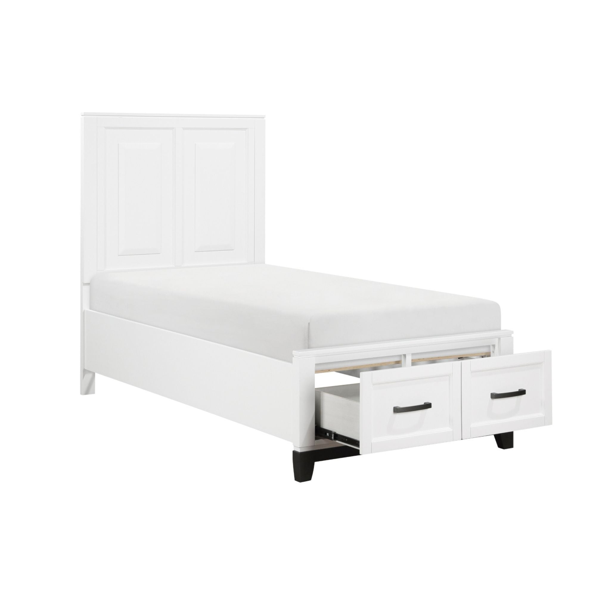 MAZ Garretson Bed in white, modern bedroom with matching bedding and sleek design, showcasing a stylish and comfortable sleeping space.