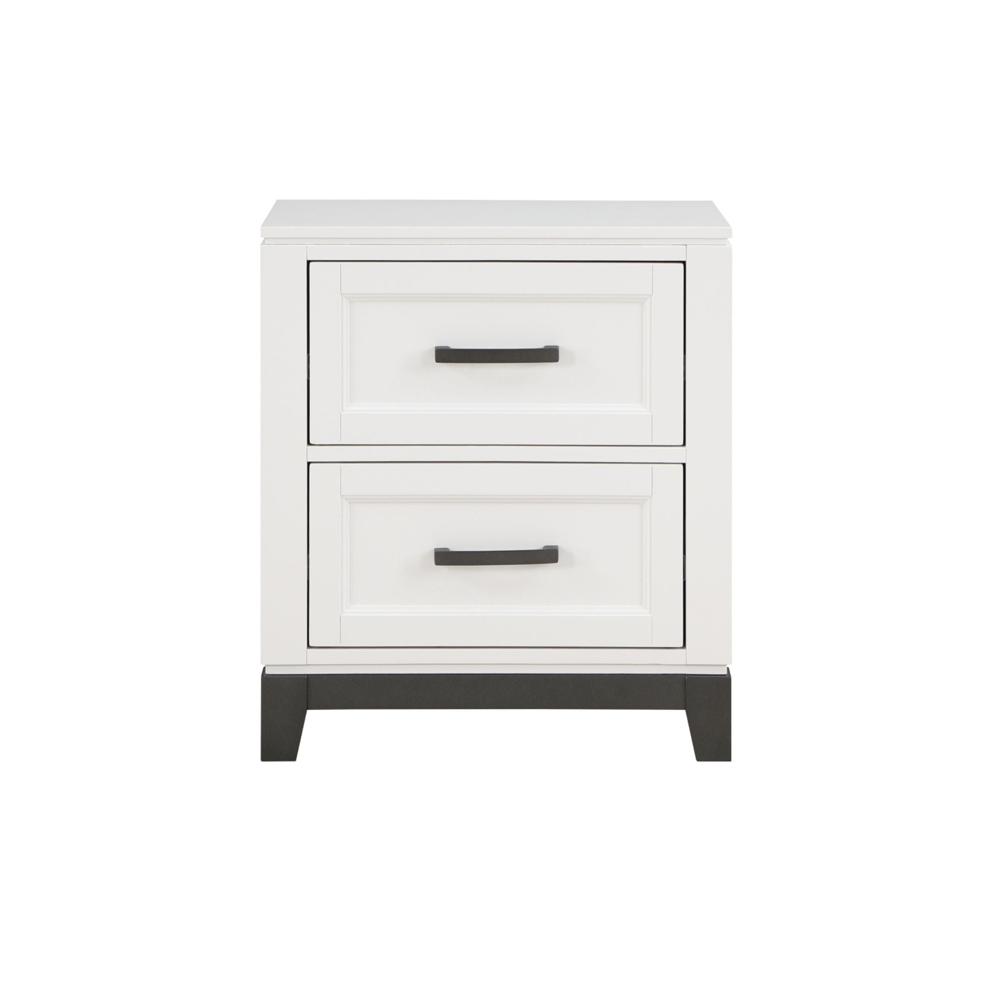 Maz Garretson Nightstand 1450WH in a bedroom setting, featuring a sleek white finish and modern design with drawer storage.