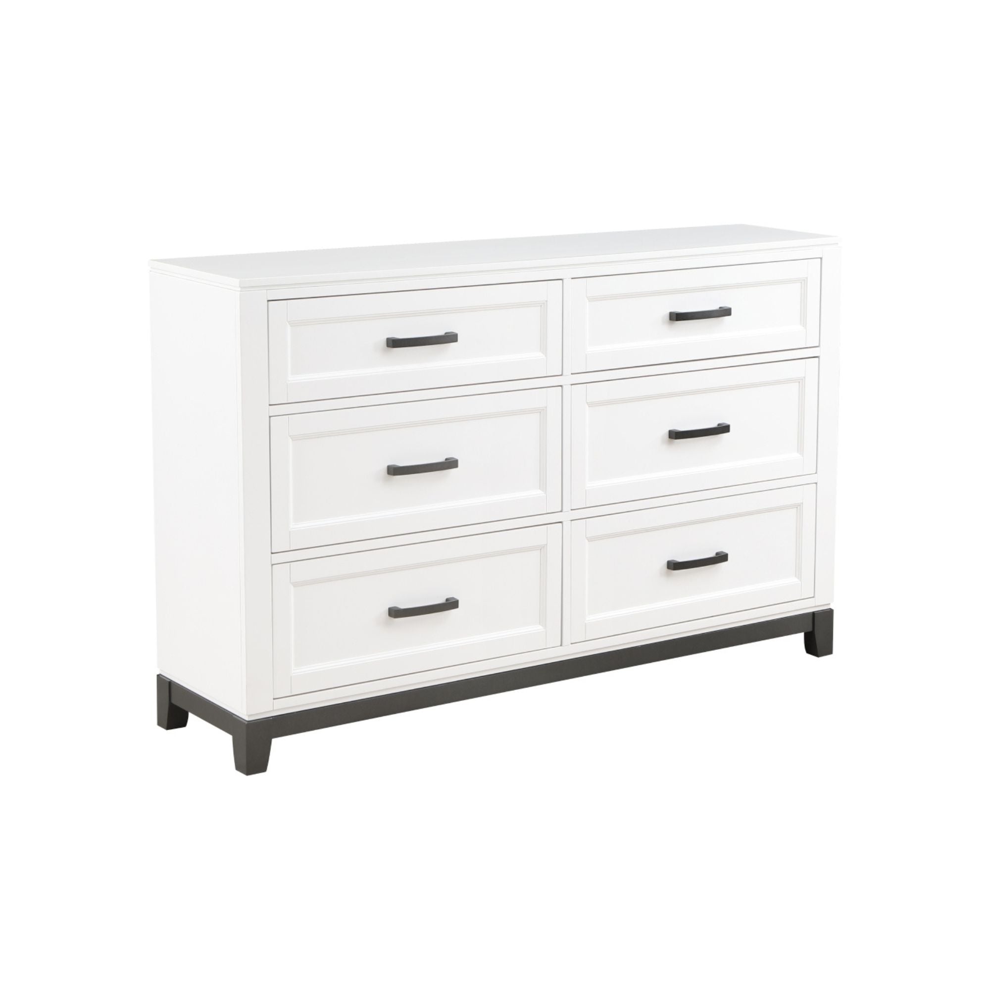 Maz Garretson Dresser 1450WH with six drawers, white finish, and modern design, shown in a bedroom setting.
