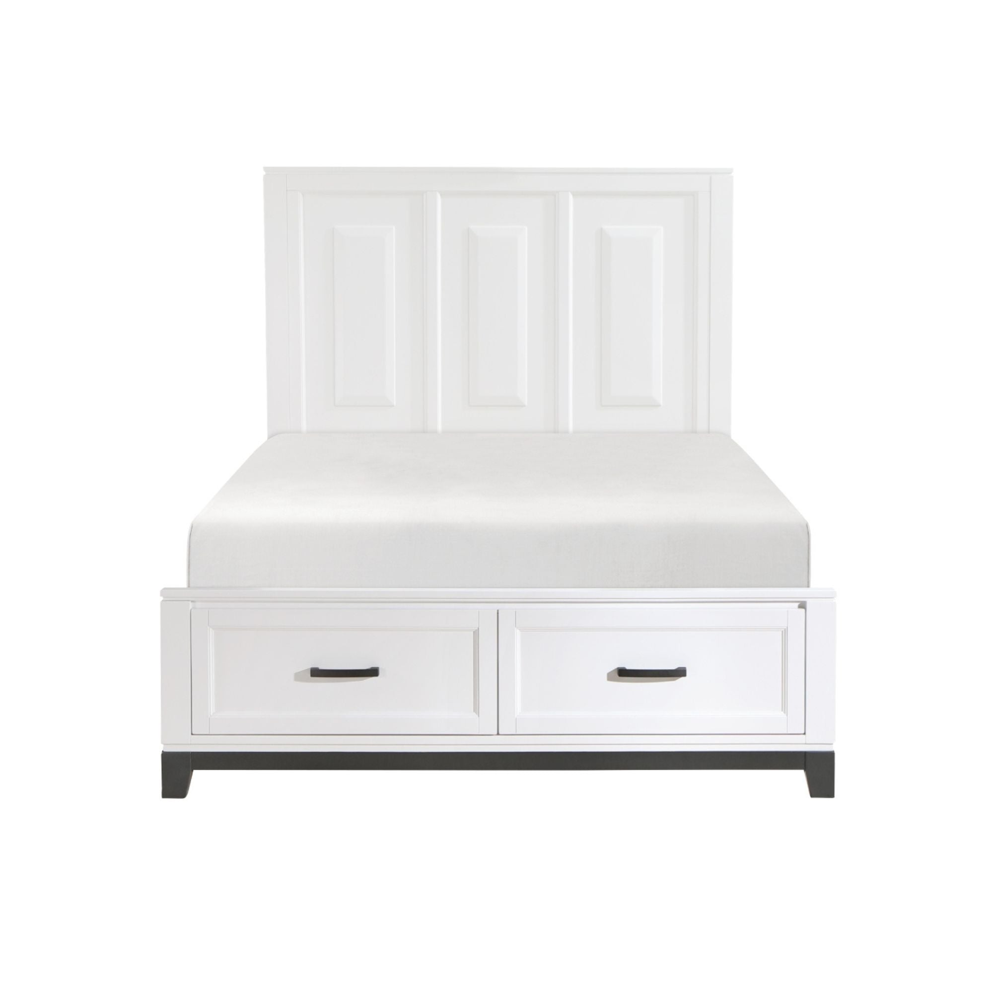 Maz Garretson Bed 1450WH in a bedroom setting, showcasing a stylish white bed frame with a headboard and bedding.