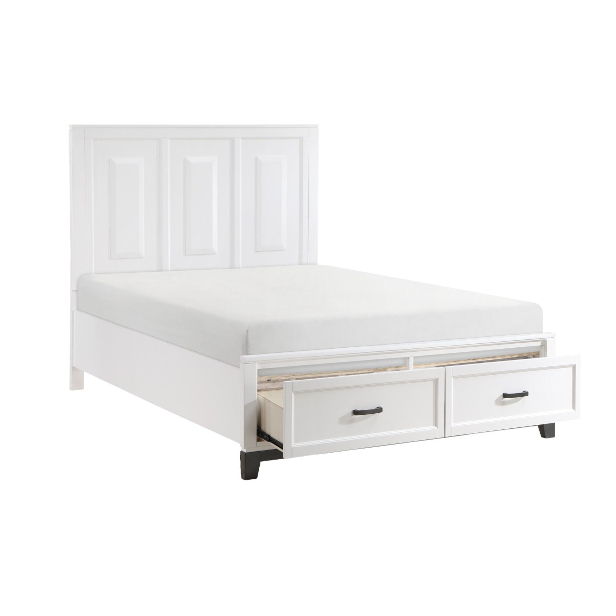 Maz Garretson Bed 1450WH in a bedroom setting, showcasing a white wooden bed frame with a headboard and bedding.