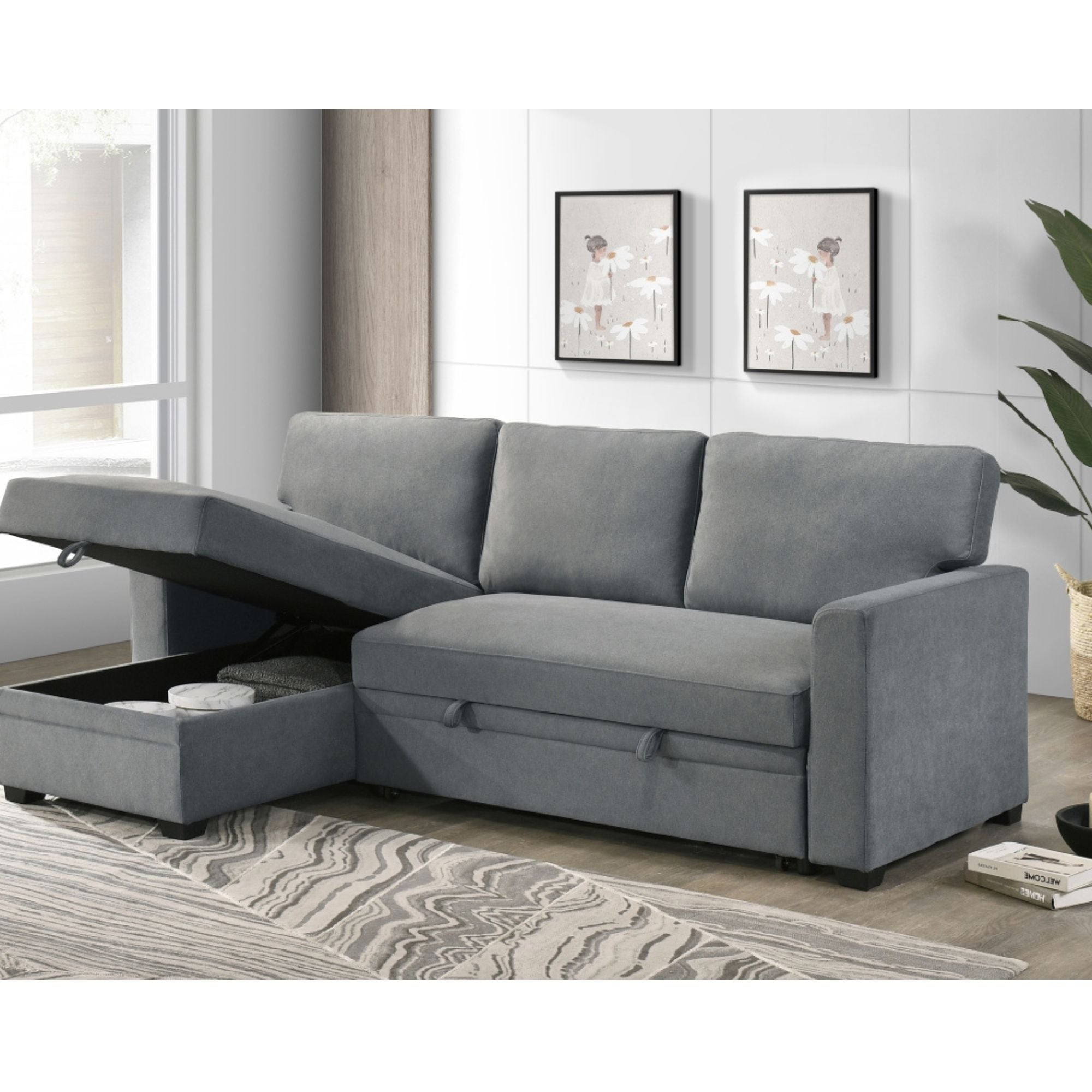 MAZ Ariadne 2-piece grey sectional sofa with plush cushions, modern design, and spacious seating in a stylish living room setting.