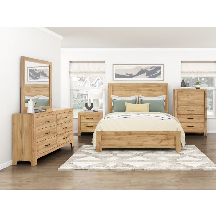 MAZ Corbin Collection bed in light brown wood finish, showcasing a modern bedroom furniture piece with sleek design.