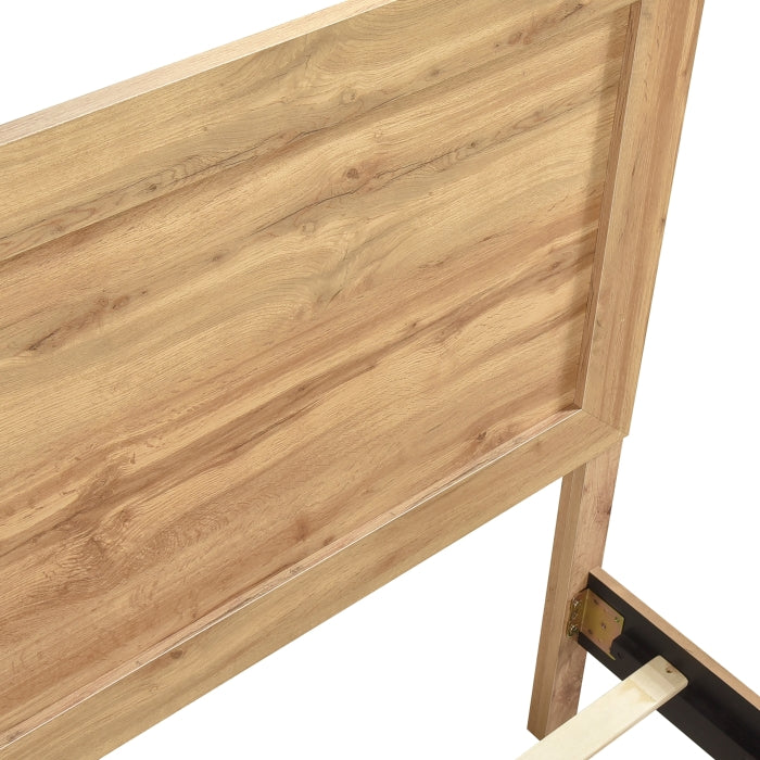 MAZ Corbin Collection bed in light brown wood finish with detailed close-up showing smooth surface and craftsmanship.